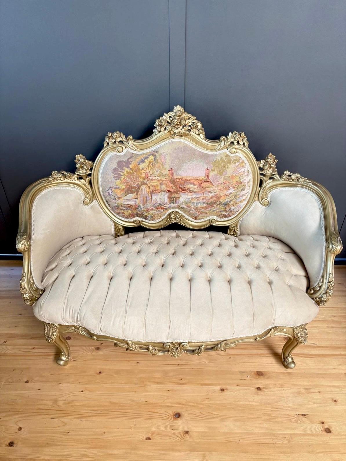 Love Seat French Louis Style Tufted Velvet Seated Sofa Royal Baroque Style Settee Beige Color Antique Handmade Style 2-Seater for Home Decor