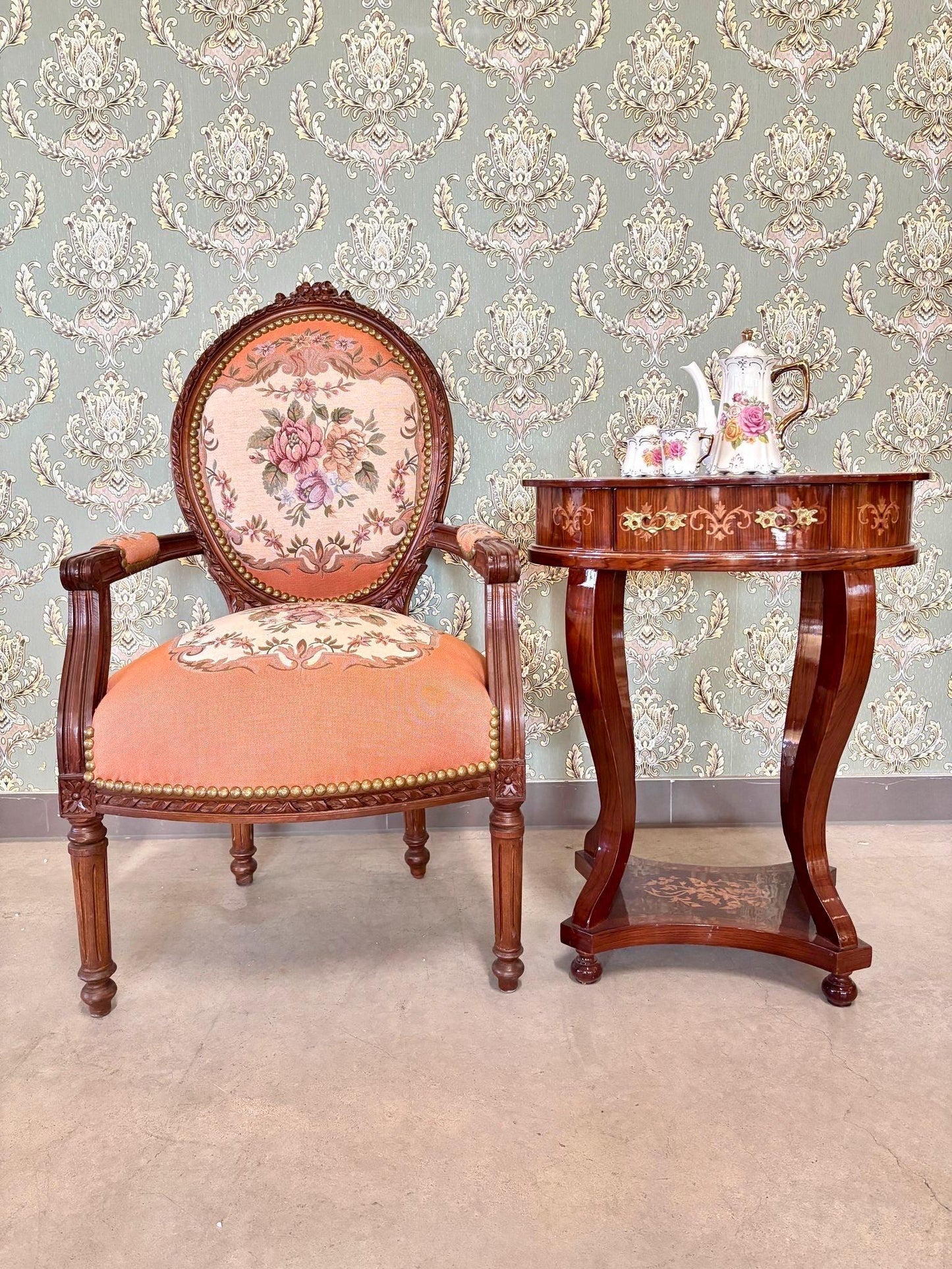 Lodge Chair Peach Red Floral Pattern Damask Wooden Armchair French Baroque Style Accent Chair Handmade Living Room Armchair for Home Decor