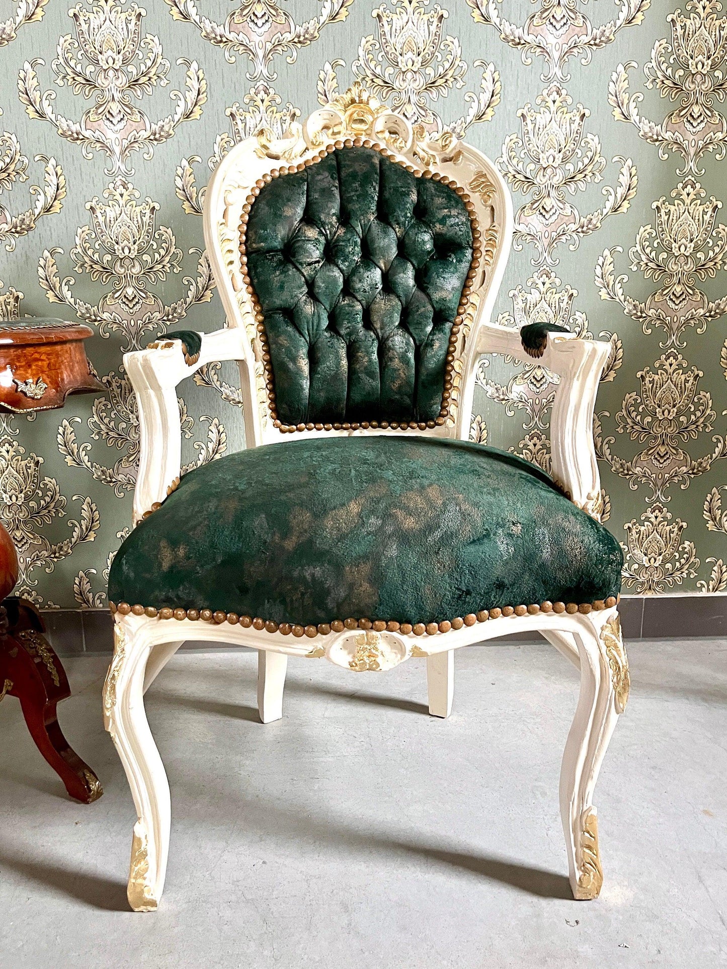 Armchair French Louis Style Velvet Forest Green Chair Baroque Rococo Antique Style Reproduction Armchair for Home Decor for Store Display