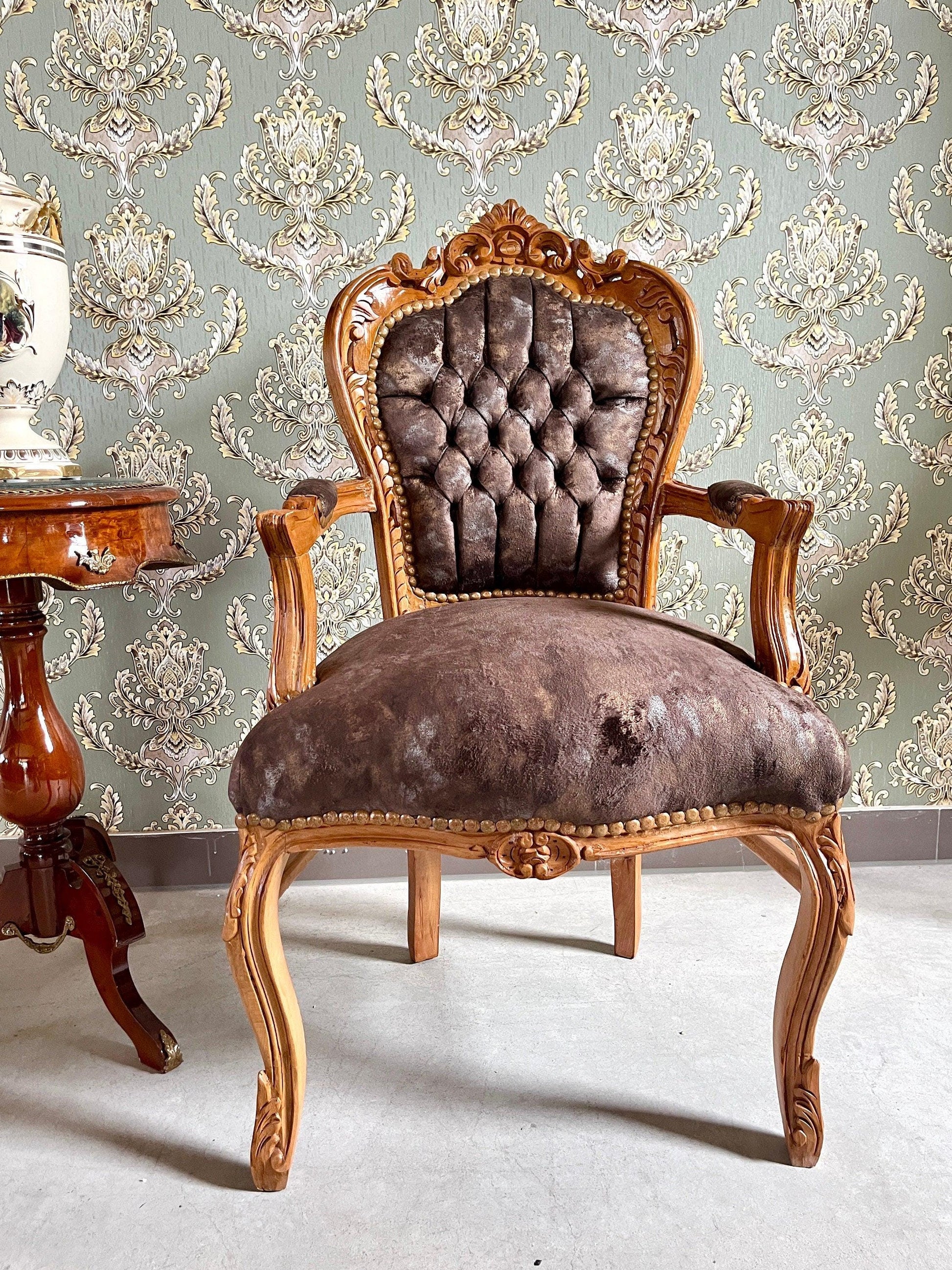 Armchair French Louis Style Velvet Forest Green Chair Baroque Rococo Antique Style Reproduction Armchair for Home Decor for Store Display