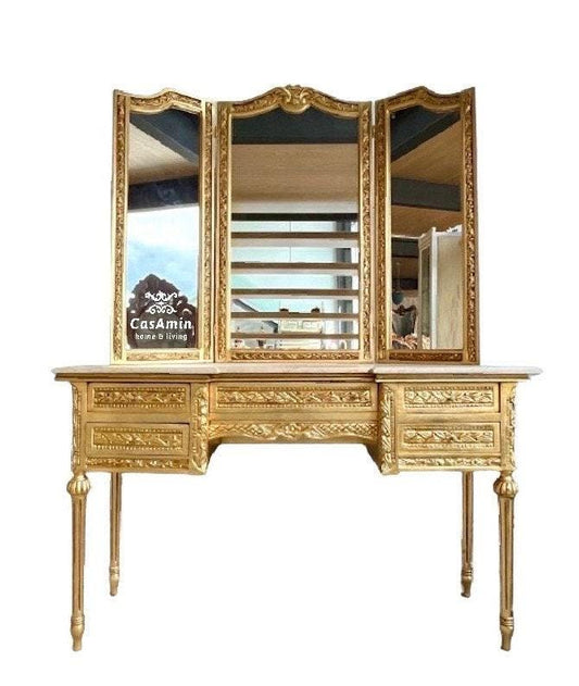 Mirror and Desk Set French Antique Style with Marble Slab Top Wooden Tableع Baroque Rococo Style in Gold Finish for Home Decor