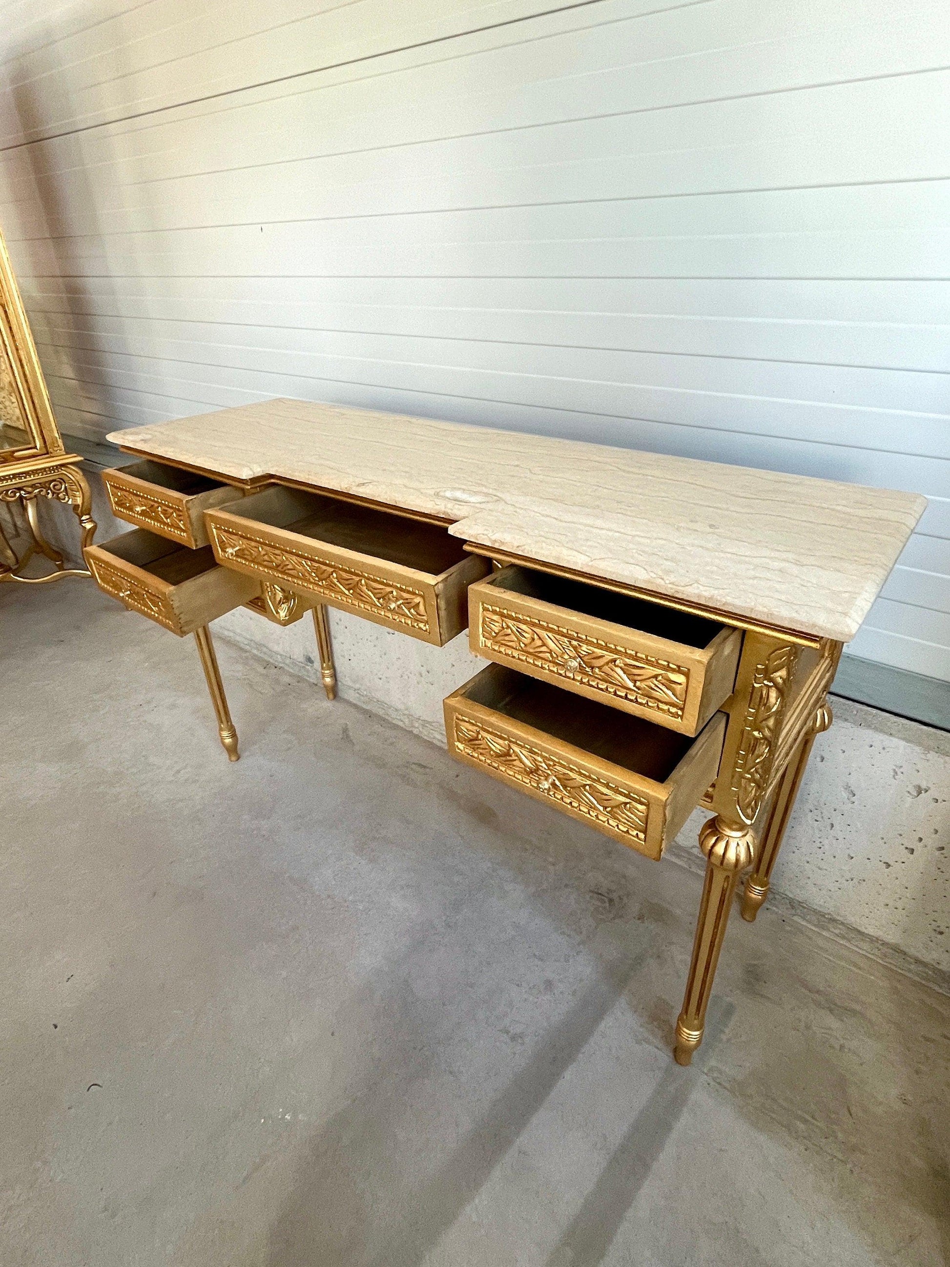 Mirror and Desk Set French Antique Style with Marble Slab Top Wooden Tableع Baroque Rococo Style in Gold Finish for Home Decor