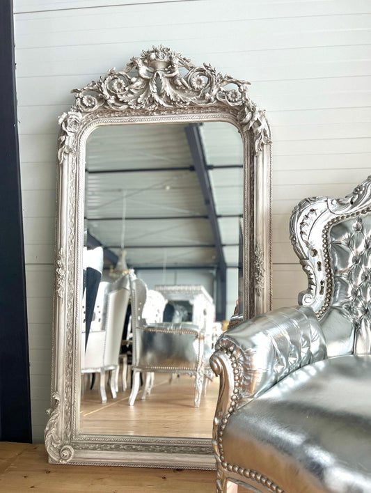 Floor Mirror French Baroque Style Mirror with Angel & Flowers Sculpture Decoration in Gold and Light Grey Frame for Home Decor