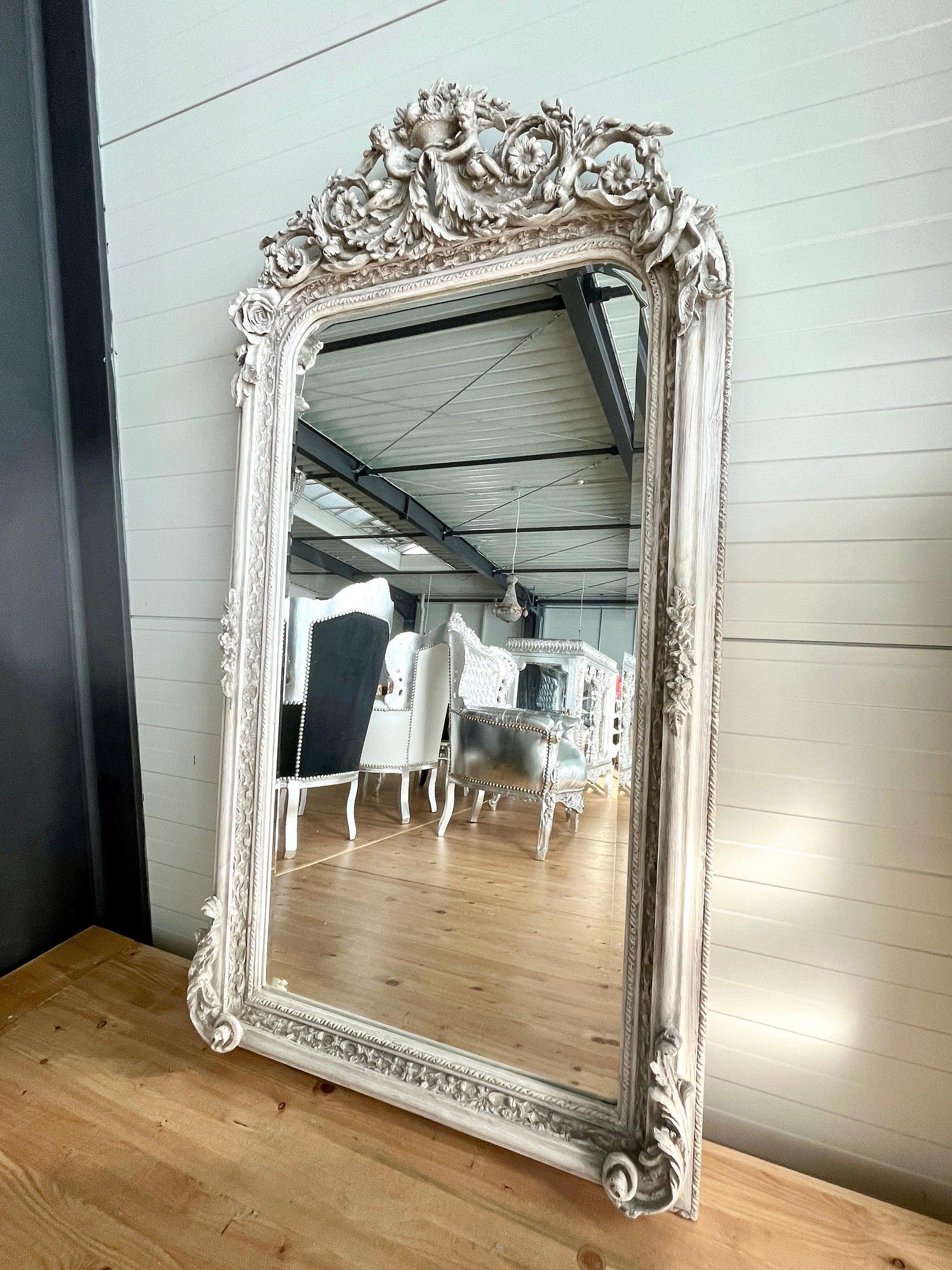 Floor Mirror French Baroque Style Mirror with Angel & Flowers Sculpture Decoration in Gold and Light Grey Frame for Home Decor