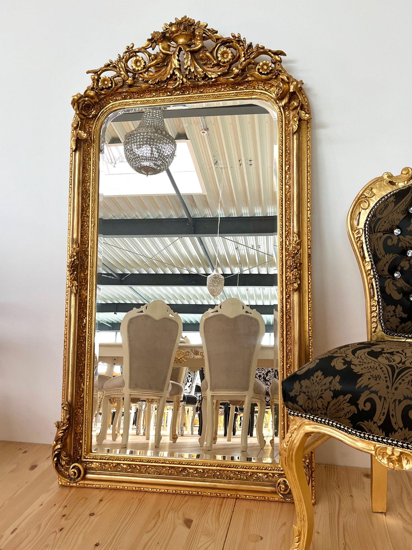 Floor Mirror French Baroque Style Mirror with Angel & Flowers Sculpture Decoration in Gold and Light Grey Frame for Home Decor