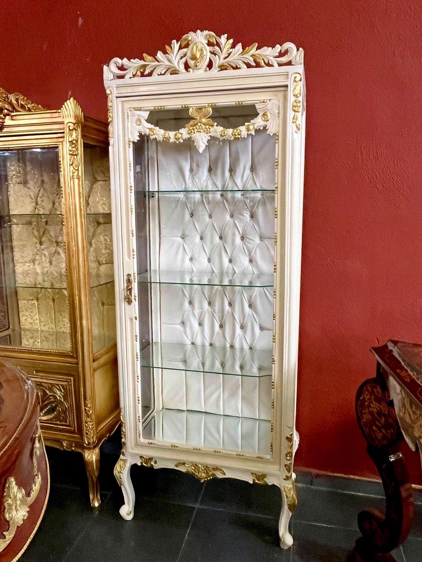 Display Cabinet French Louis XV Style Showcase Antique Baroque Rococo Style in Beige Gold Color Handmade Cabinet for Home Decor