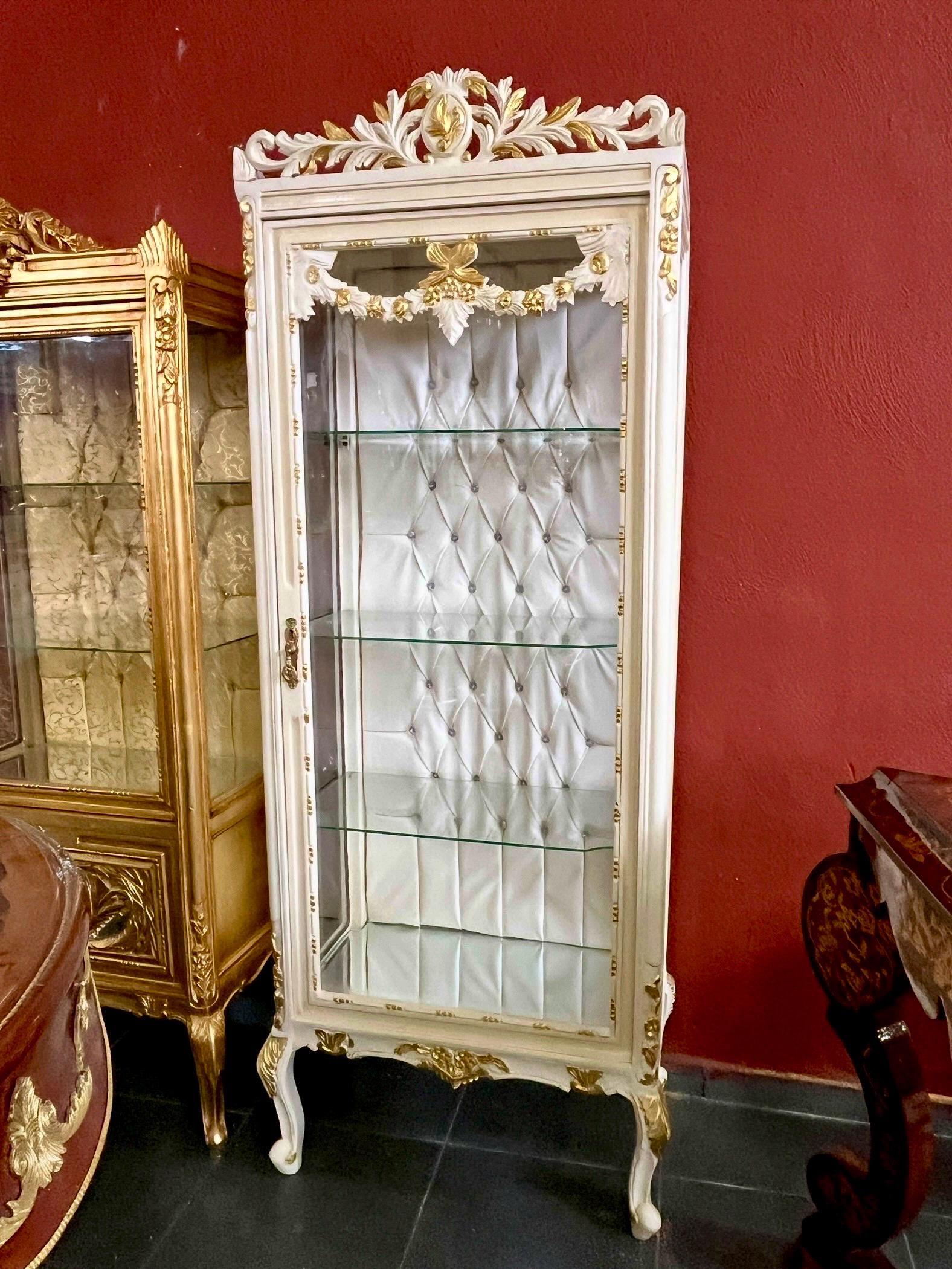 Display Cabinet French Louis XV Style Showcase Antique Baroque Rococo Style in Beige Gold Color Handmade Cabinet for Home Decor