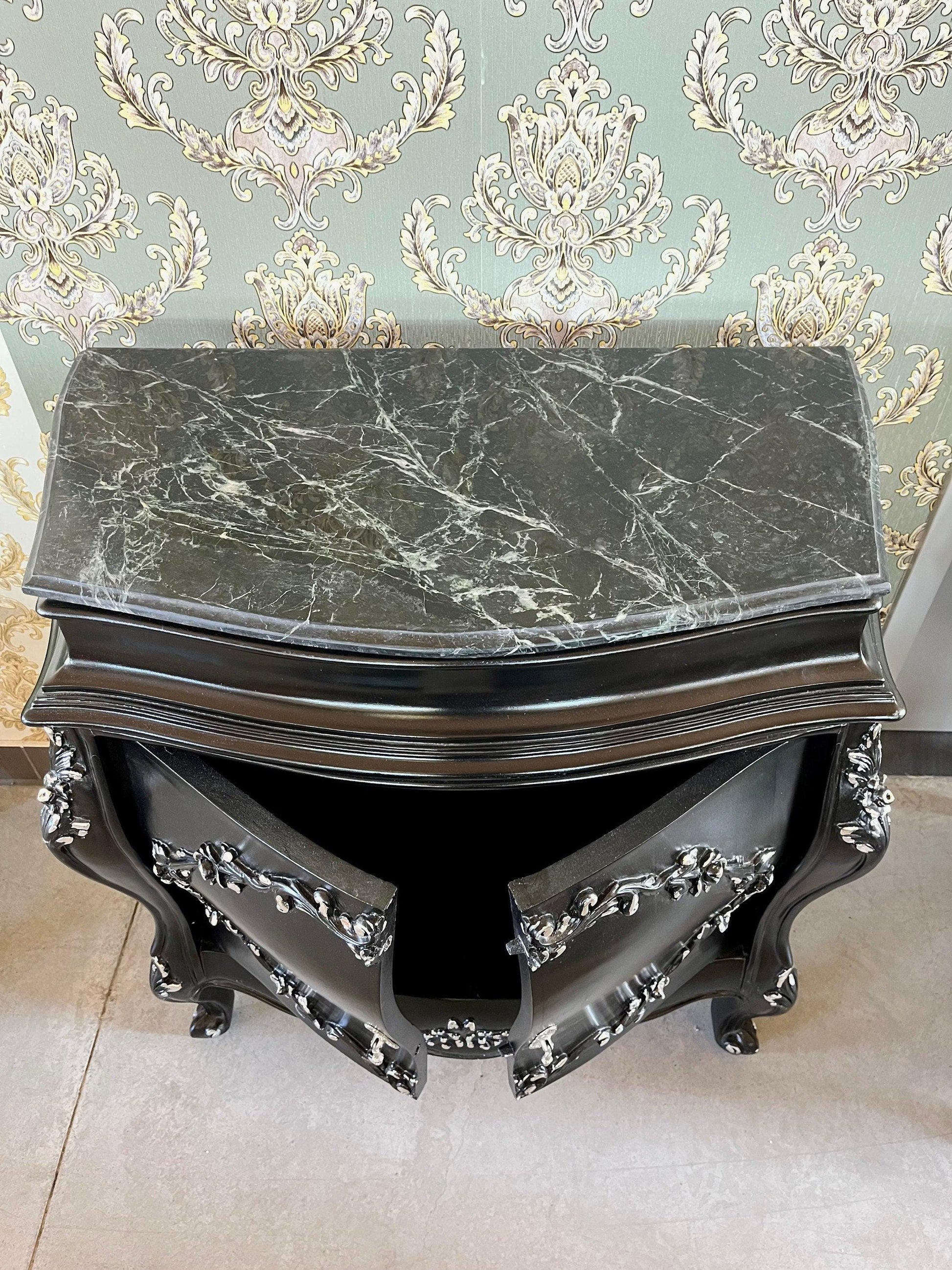 Cabinet Marble Top Home Decor Baroque Style Cabinet Marble Top French Style Cabinet in Black Color Small Cabinet Green Color Marble Top