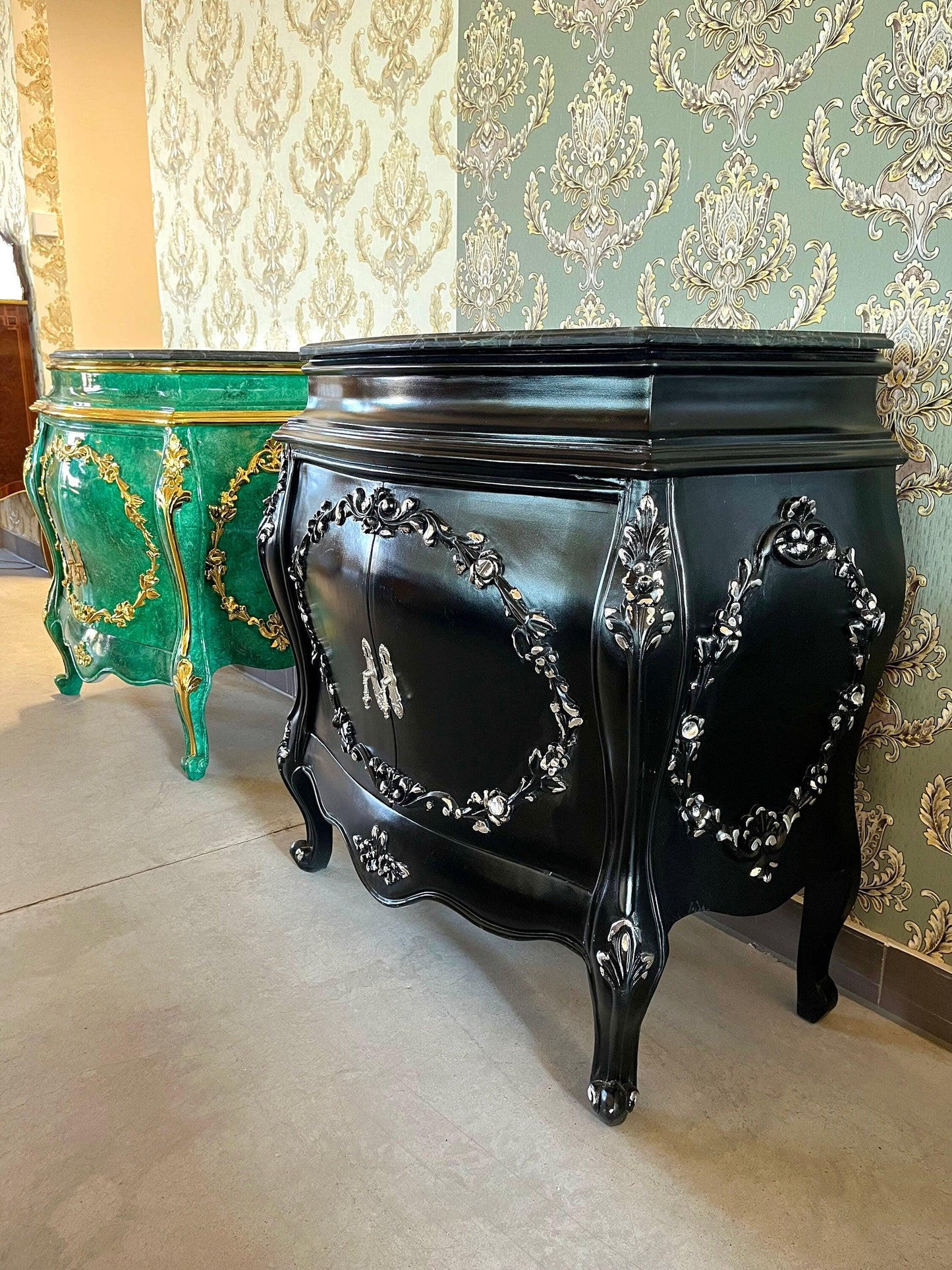Cabinet Marble Top Home Decor Baroque Style Cabinet Marble Top French Style Cabinet in Black Color Small Cabinet Green Color Marble Top
