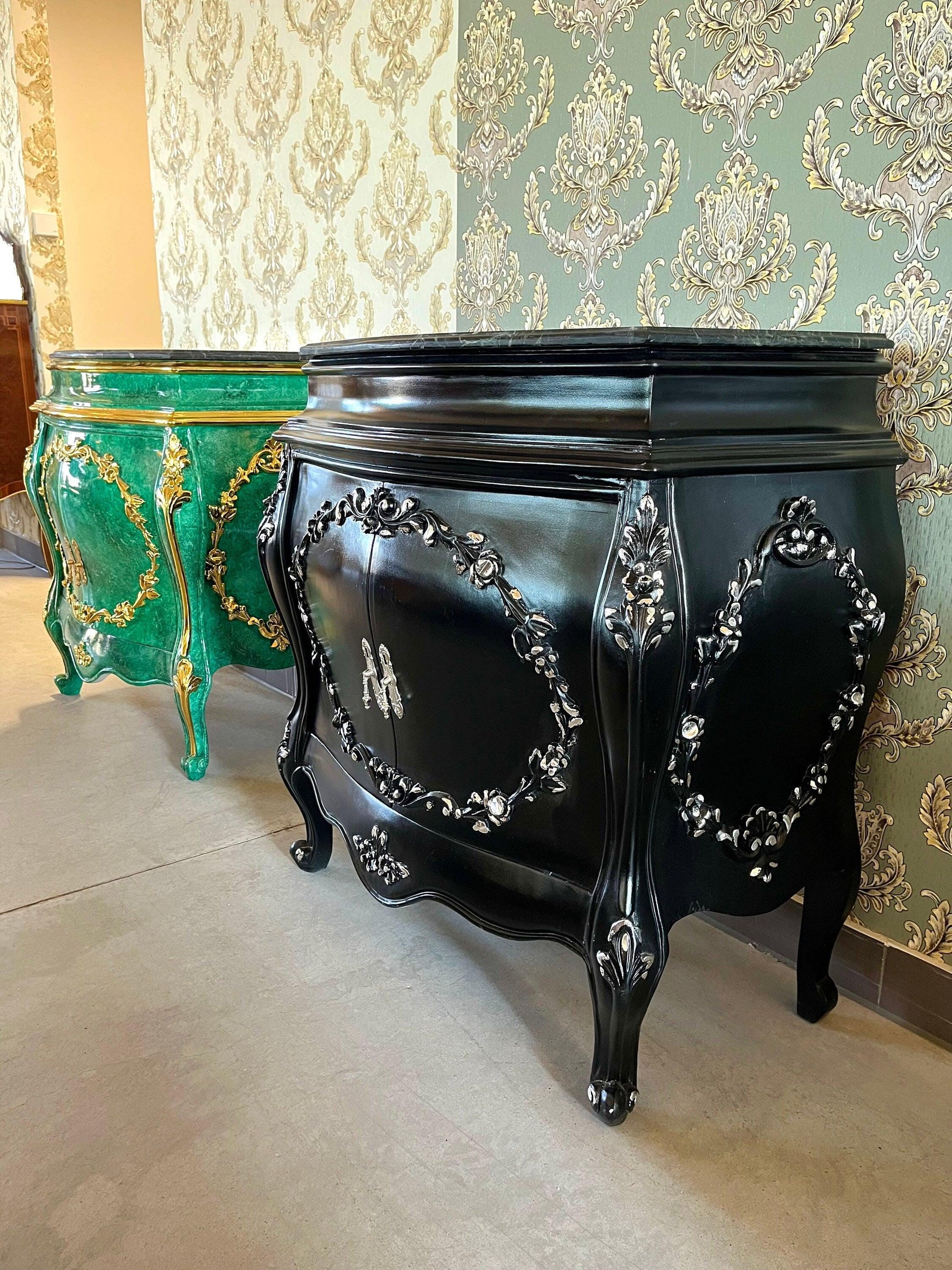 Cabinet Marble Top Home Decor Baroque Style Cabinet Marble Top French Style Cabinet in Black Color Small Cabinet Green Color Marble Top