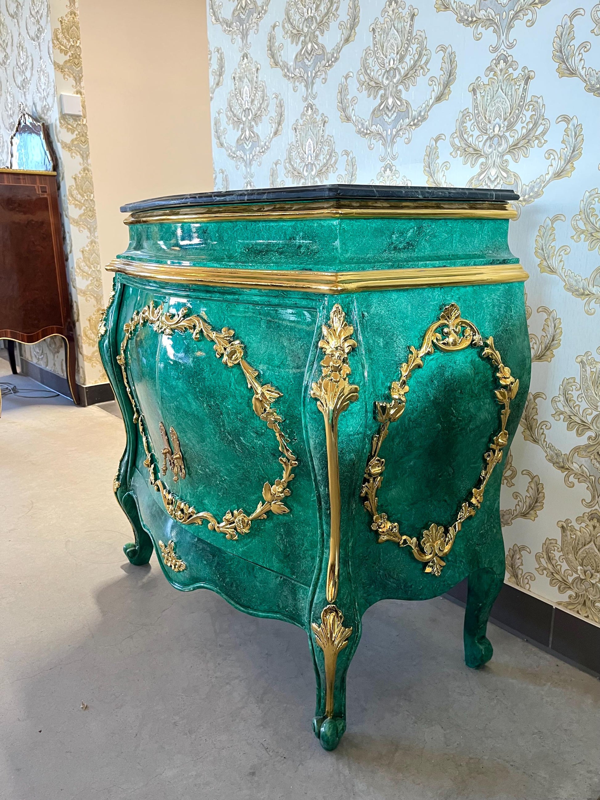 Cabinet Marble Top Home Decor Baroque Style Cabinet Marble Top French Style Cabinet in Black Color Small Cabinet Green Color Marble Top