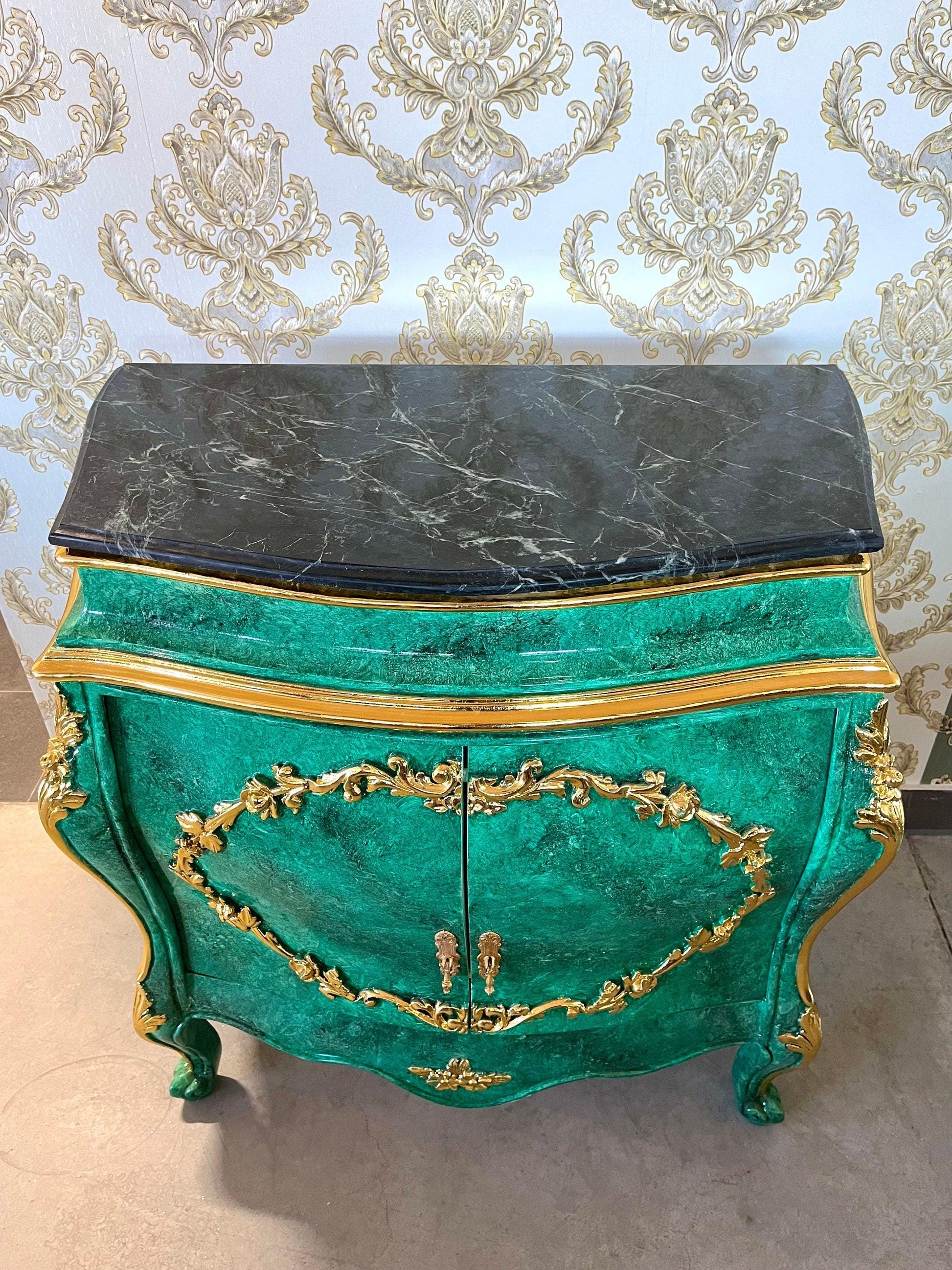 Cabinet Marble Top Home Decor Baroque Style Cabinet Marble Top French Style Cabinet in Black Color Small Cabinet Green Color Marble Top