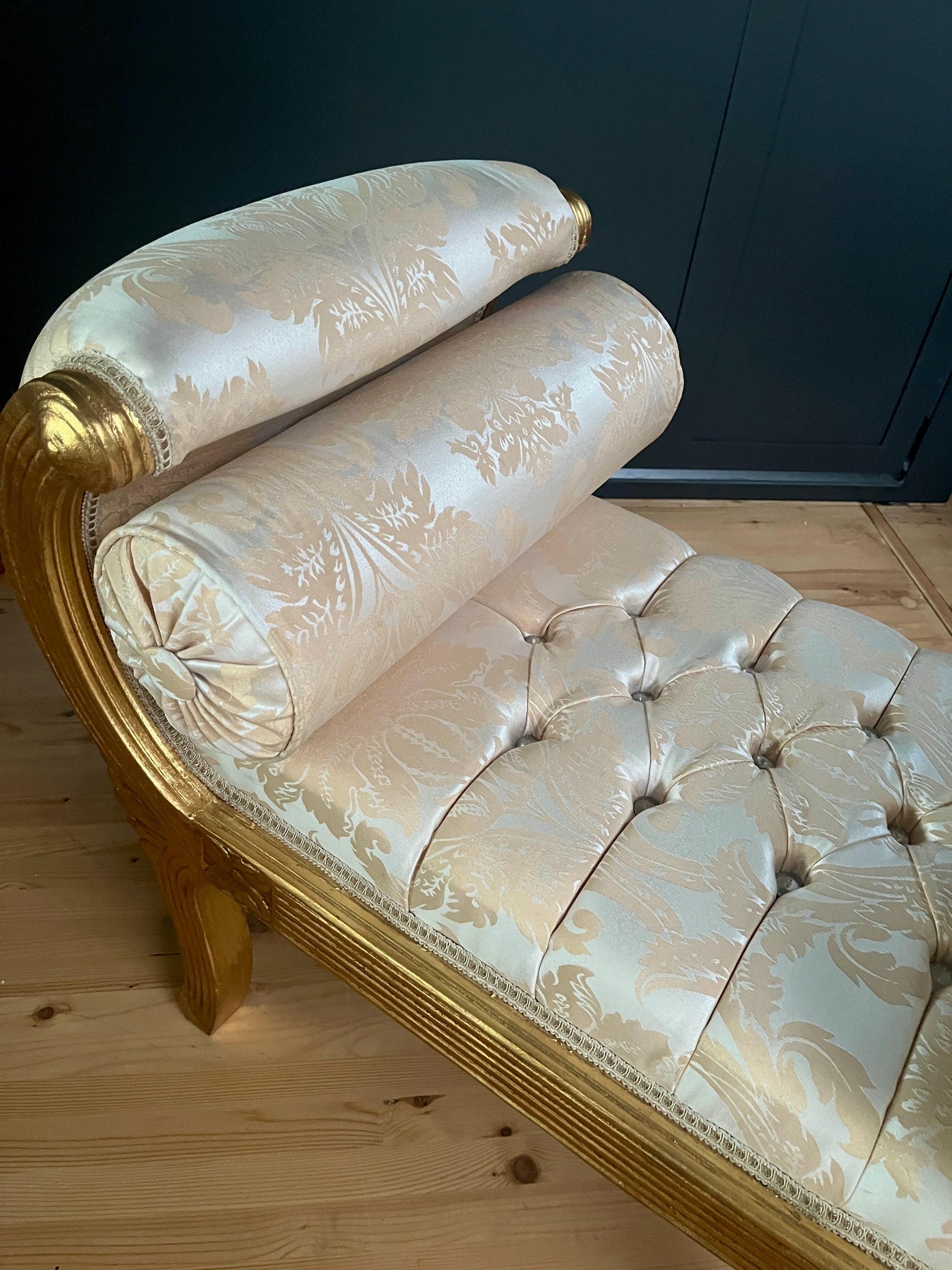 Ottoman French Louis Antique Style Beige Color Bench Retro Baroque Rococo Style in Ivory Color Gold Finish for Home Decor