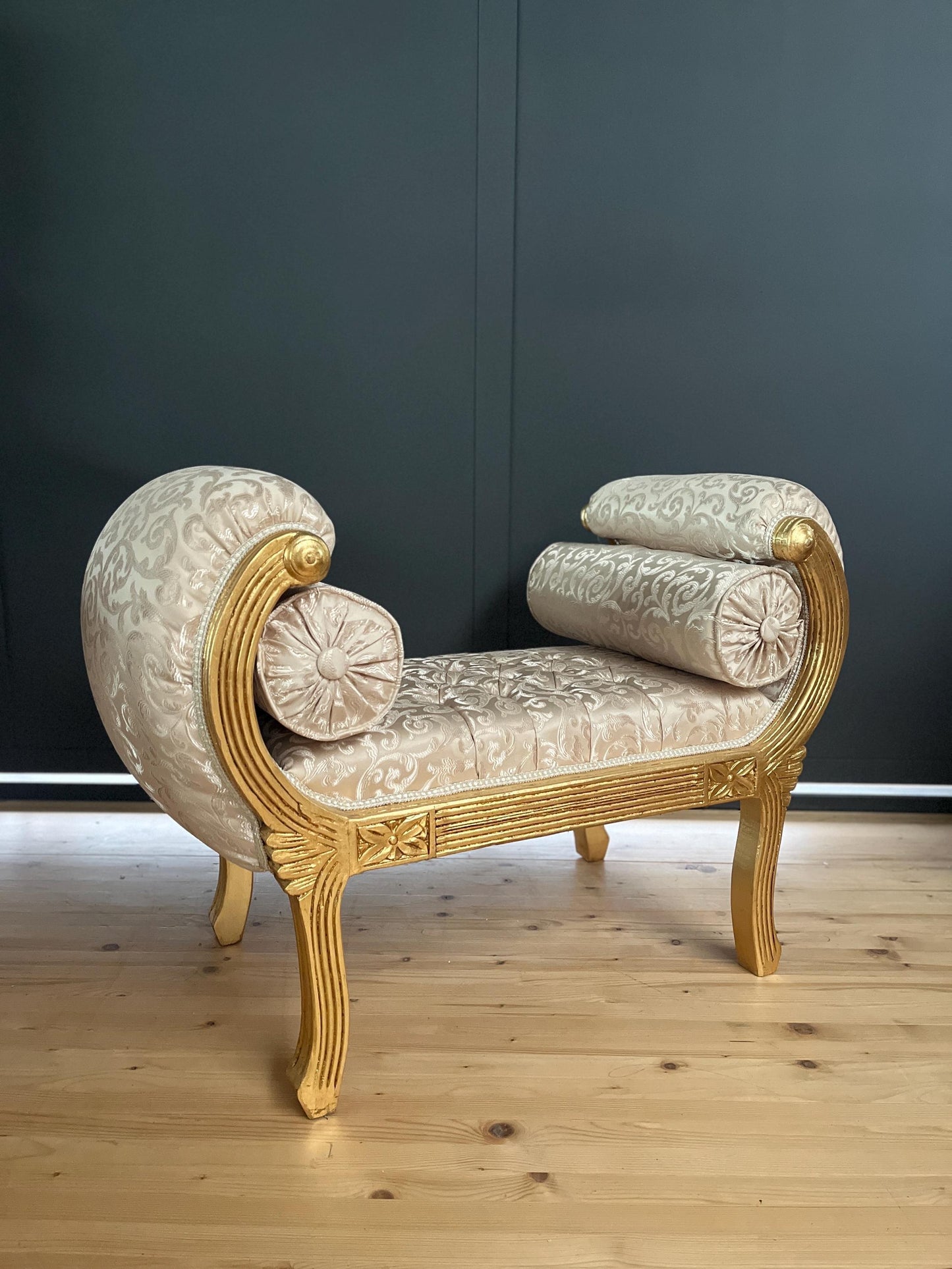 Ottoman French Louis Antique Style Beige Color Bench Retro Baroque Rococo Style in Ivory Color Gold Finish for Home Decor