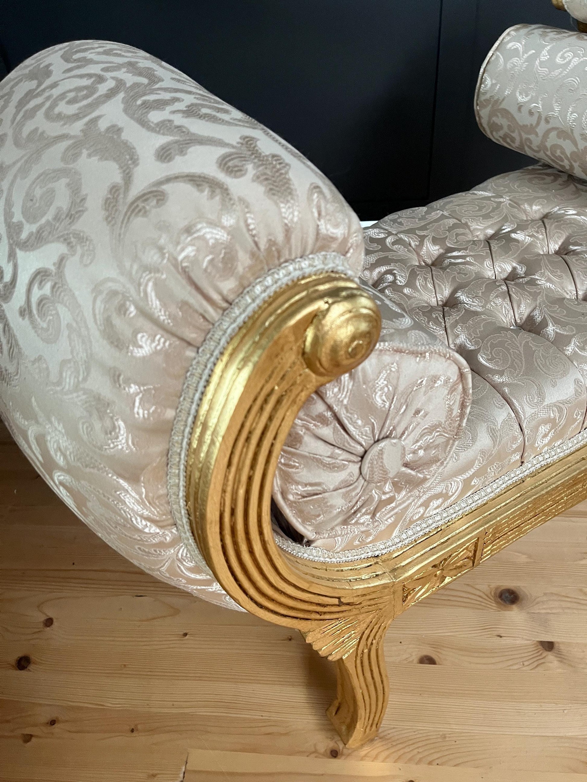 Ottoman French Louis Antique Style Beige Color Bench Retro Baroque Rococo Style in Ivory Color Gold Finish for Home Decor