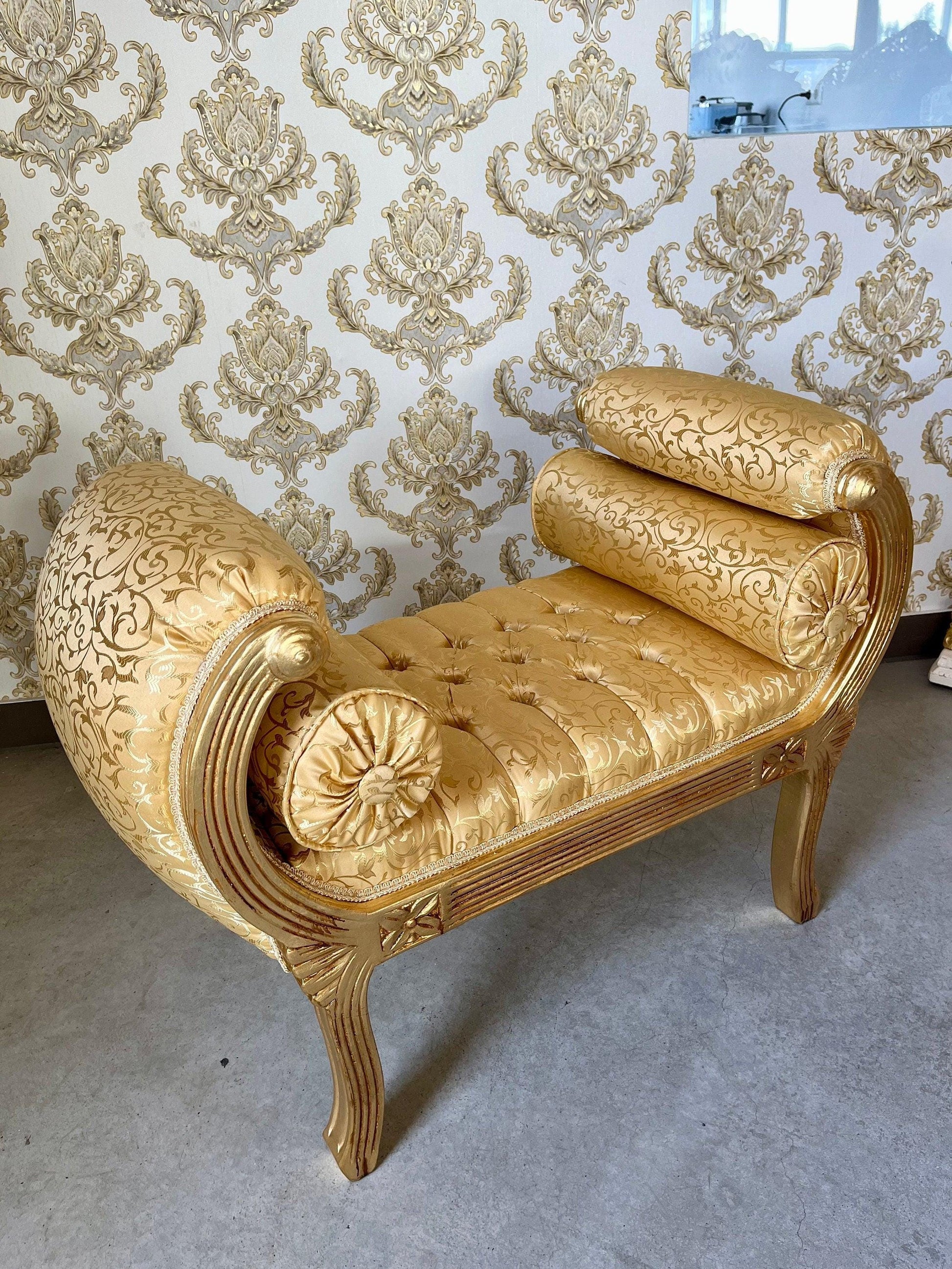 Ottoman French Louis Antique Style in Gold Hocker Retro Baroque Rococo Style in Gold Colour Ottoman for Home Decor