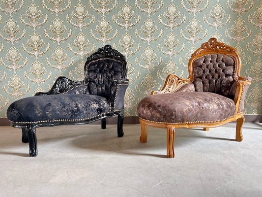 Small Chaise Longue French Louis Style in Midnight Black Retro Baroque Style Bench in Velvet Brown for Home Decor