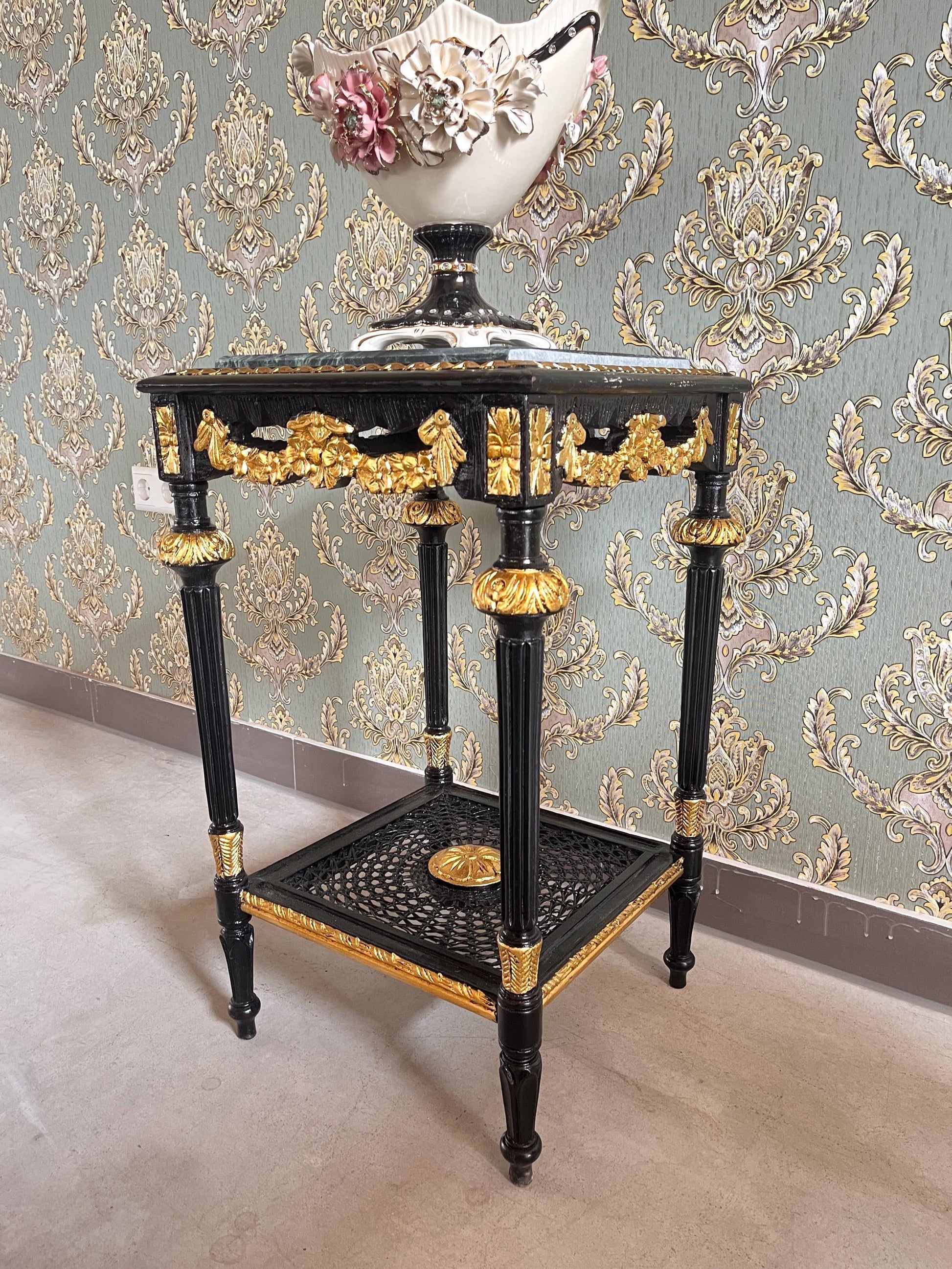 Black Side Table French Baroque Style in Glossy Black with Partial Gold Decor Coffee Table With Marble Slab Top in Dark Green or Black