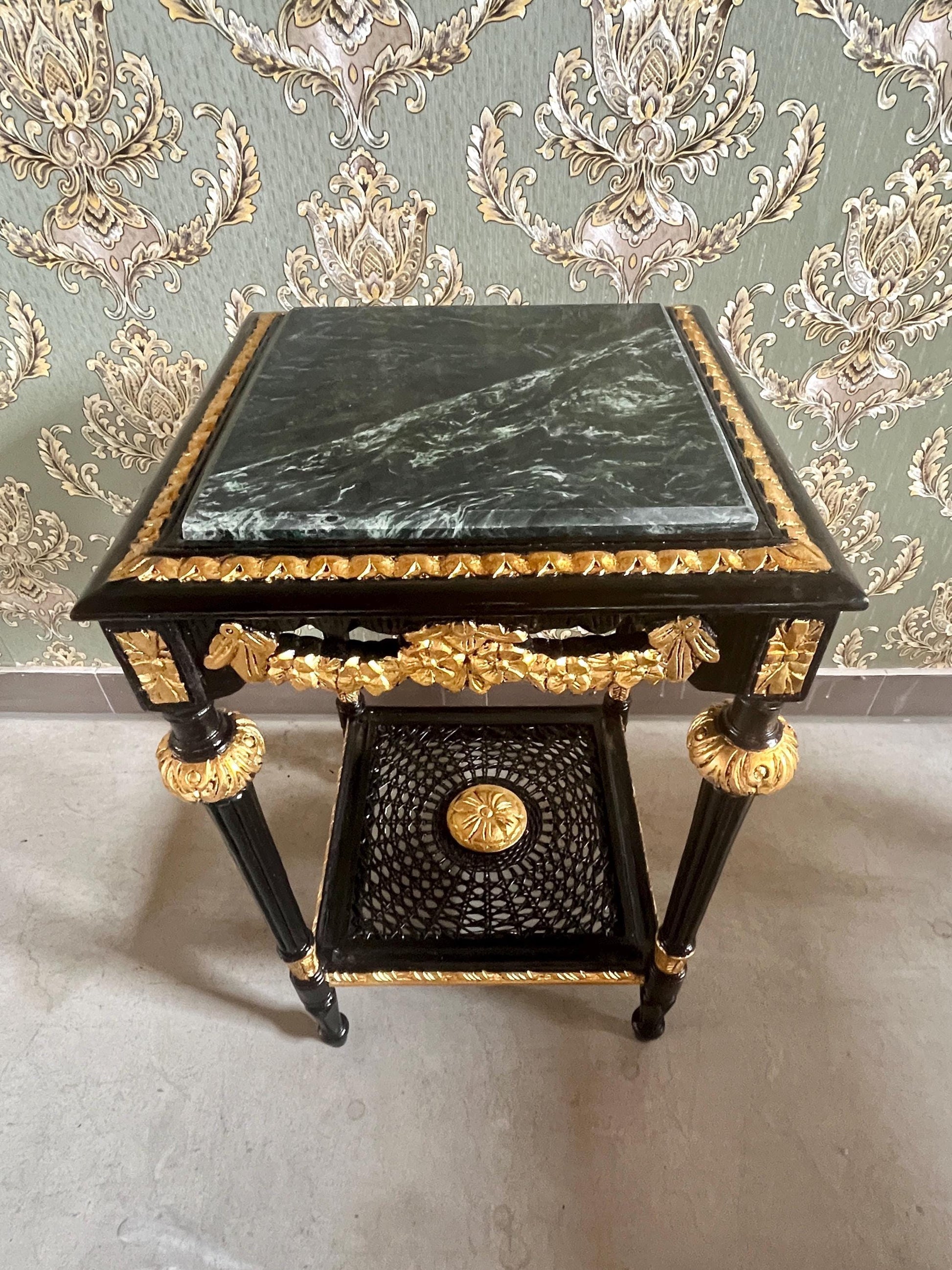 Black Side Table French Baroque Style in Glossy Black with Partial Gold Decor Coffee Table With Marble Slab Top in Dark Green or Black