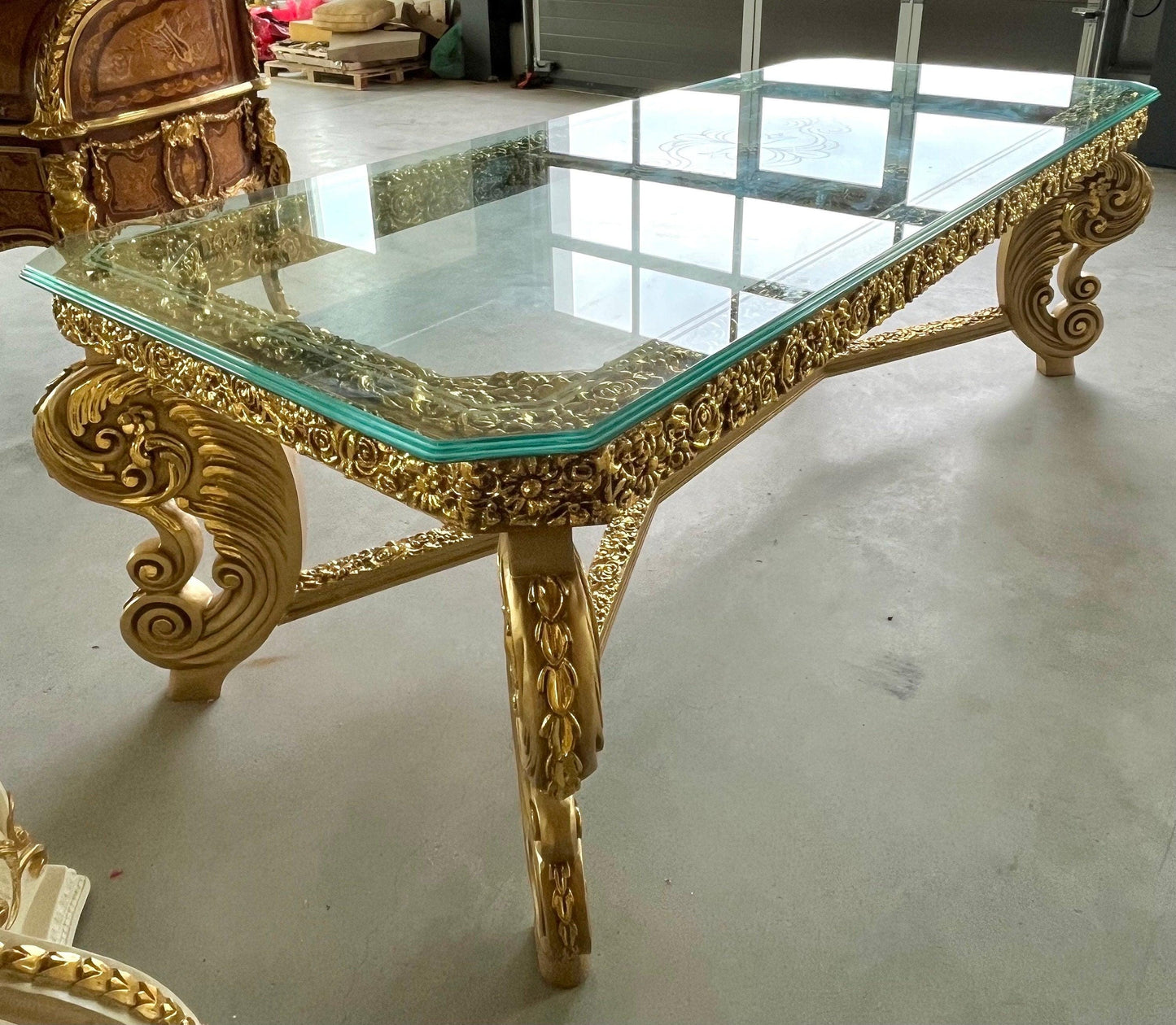 Huge Dining Table Glass Top Extra Long Table Royal Baroque Style Glass Top Table in Gold Finish for Big Family or Hotel Decotation