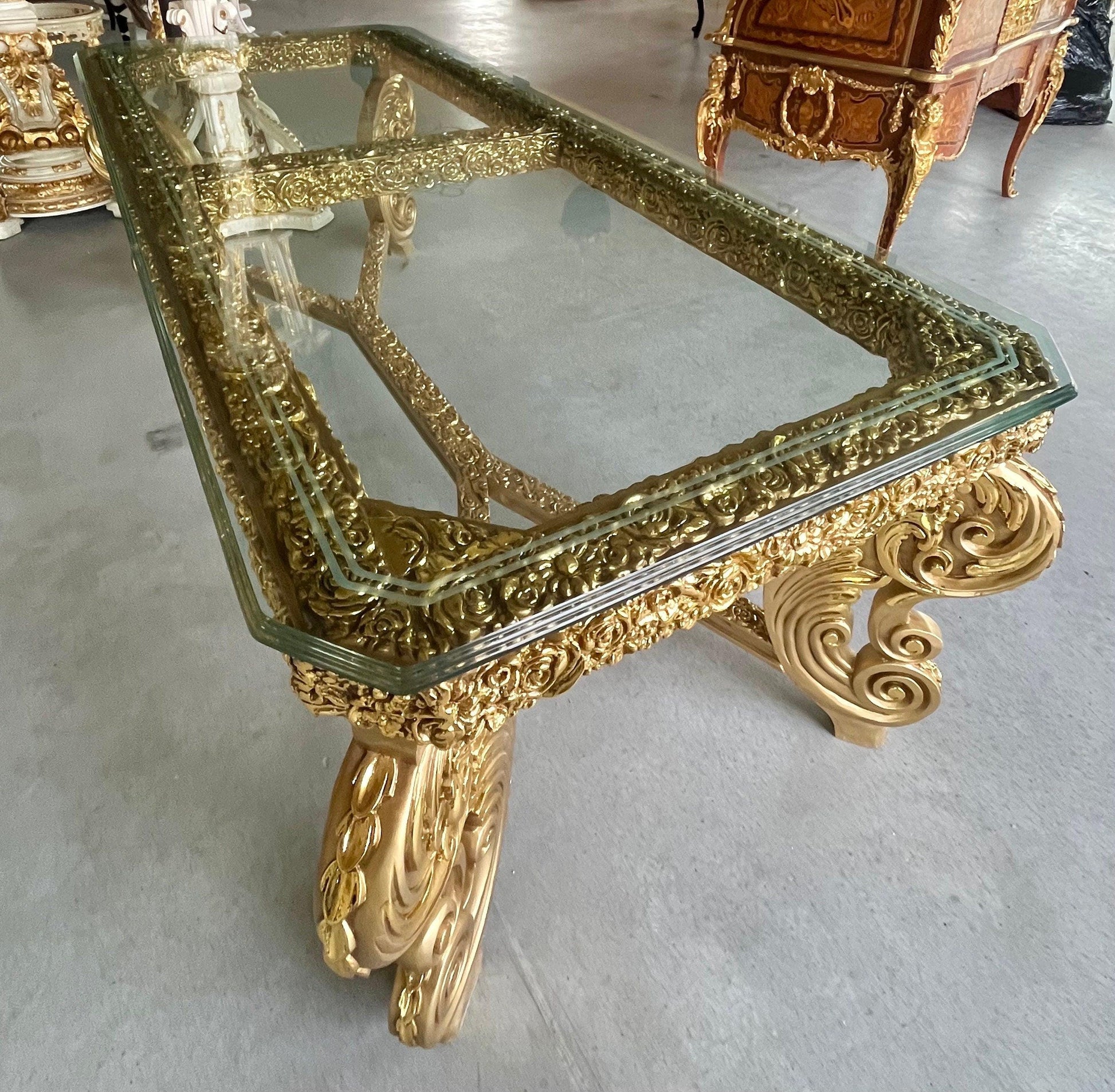 Huge Dining Table Glass Top Extra Long Table Royal Baroque Style Glass Top Table in Gold Finish for Big Family or Hotel Decotation