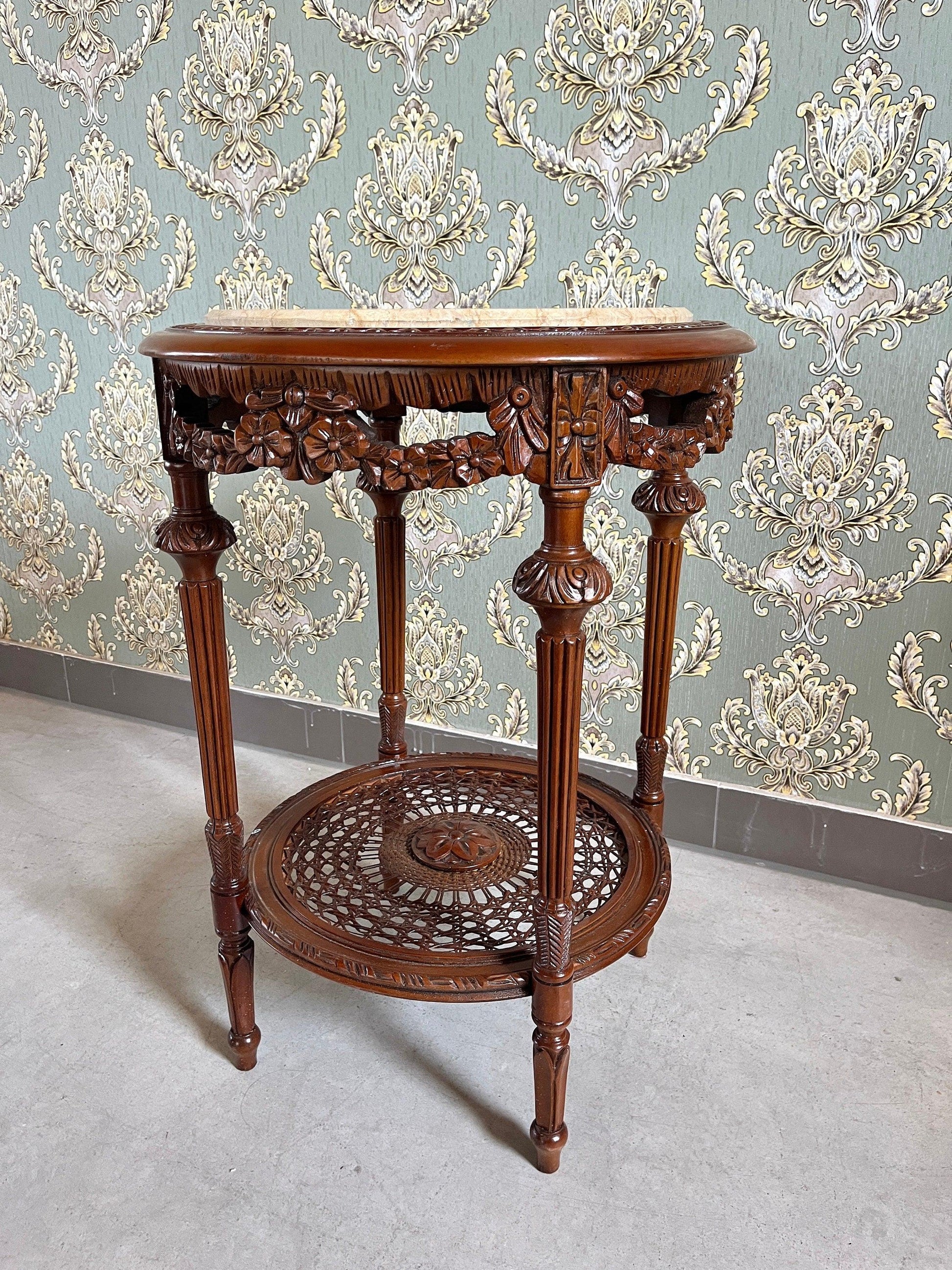 Side Table French Baroque Style with Beige Marble Top Coffee Side Table Antique Style Wooden Table for Home Decor