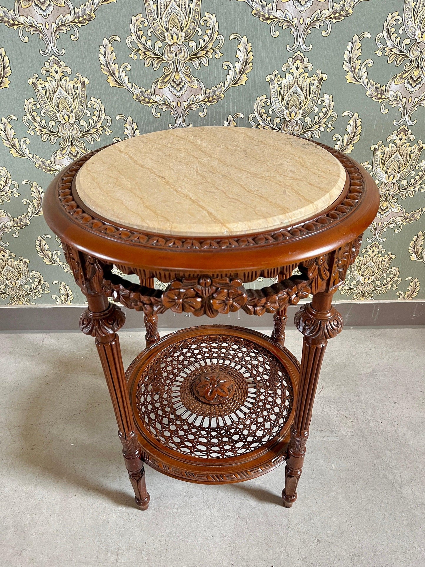 Side Table French Baroque Style with Beige Marble Top Coffee Side Table Antique Style Wooden Table for Home Decor