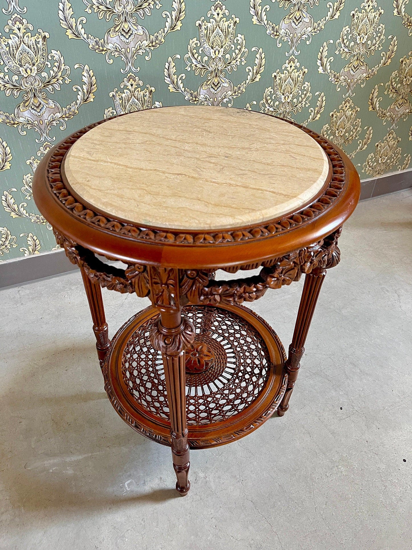 Side Table French Baroque Style with Beige Marble Top Coffee Side Table Antique Style Wooden Table for Home Decor