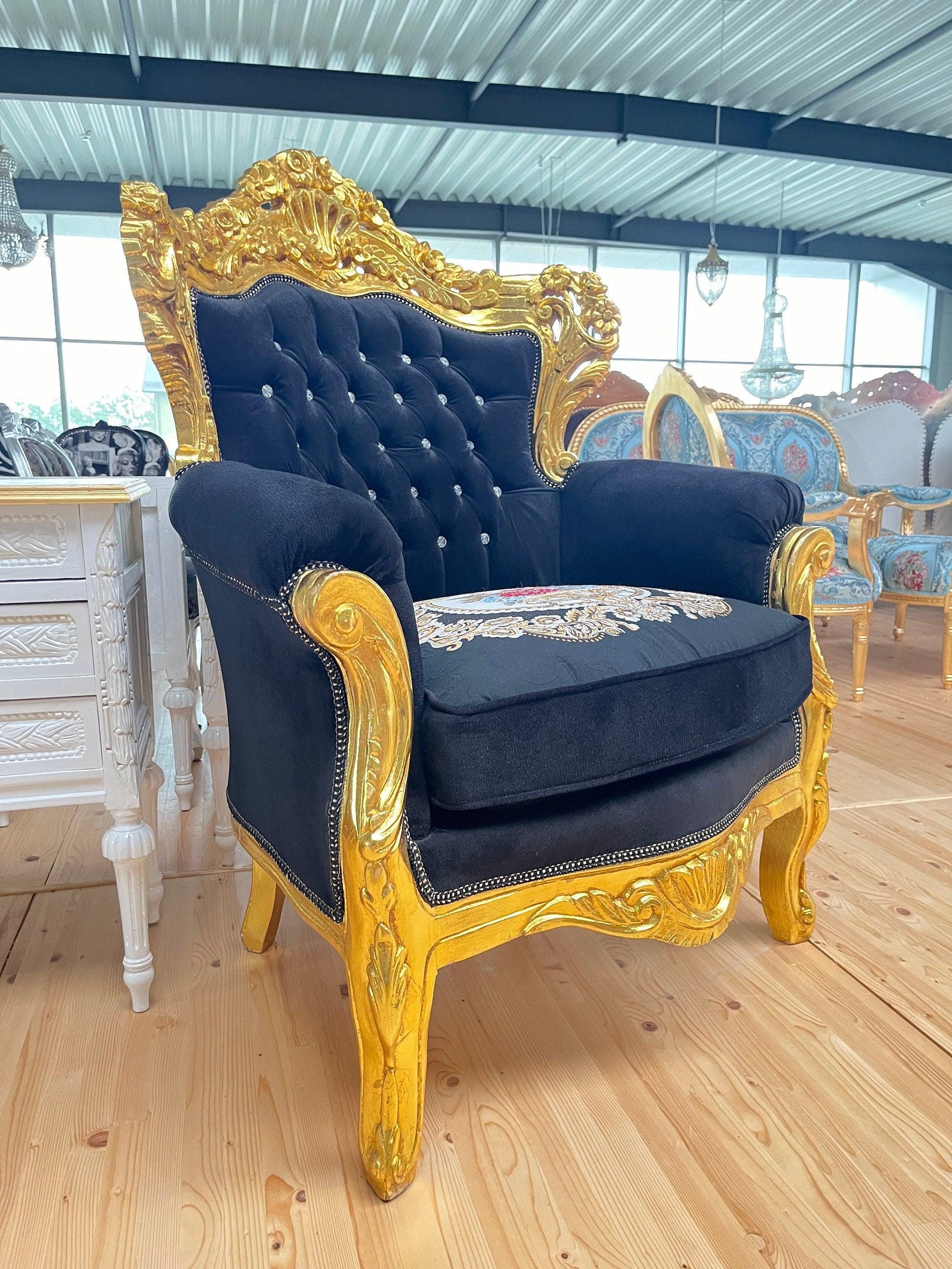 Armchair French Baroque Rococo Style in Black Embroidered Gold Finish Retro Home Decor