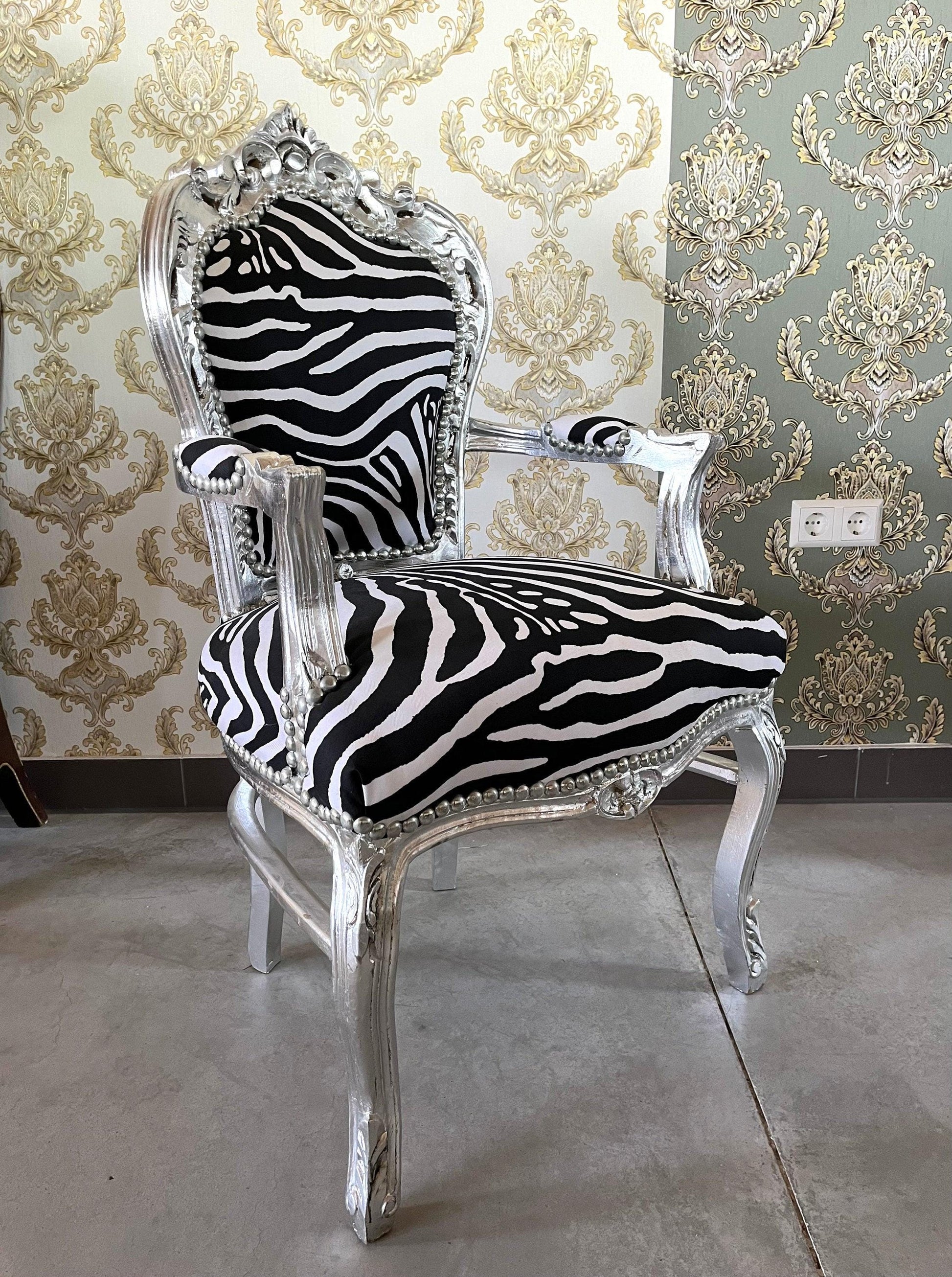 Armchair French Louis Style Zebra Print Dining Chair Antique Style Baroque Rococo Style Armchair in Silver Finish for Home