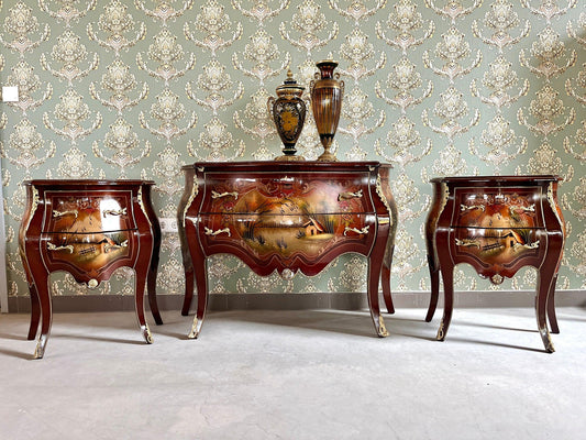 Chest of Drawer Set French Baroque Style Dresser & Night Stand Set Oil Paintings at Top Nostalgic Style Cabinet for Bedroom Decor