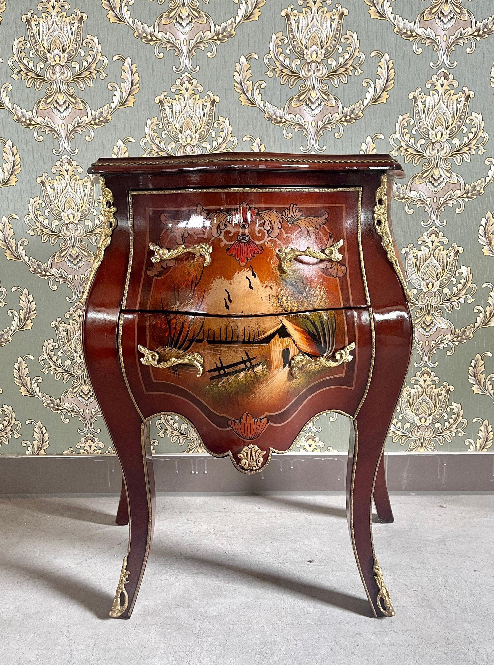 Chest of Drawer Set French Baroque Style Dresser & Night Stand Set Oil Paintings at Top Nostalgic Style Cabinet for Bedroom Decor