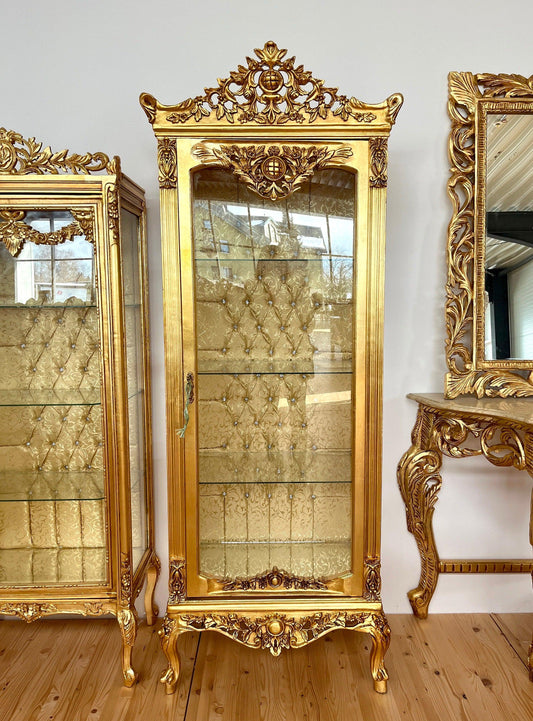 Display Cabinet Royal French Baroque Style Showcase in Reproduction in Gold Finish Antique Style Display Cabinet