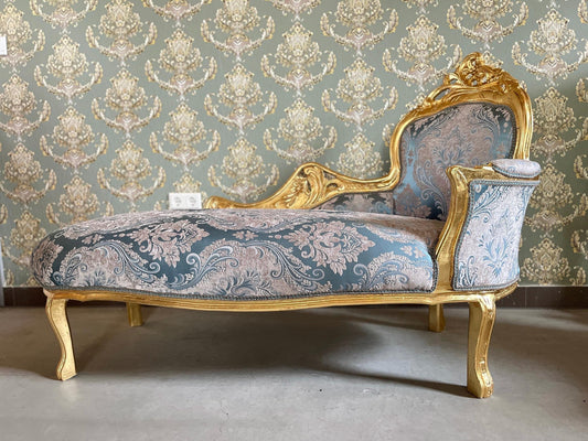 Chaise Longue Blue Velvet French Louis XV Antique Style Bench, Velvet Longue Retro Baroque Style Bench for Lounge Room, for Bedroom Decor