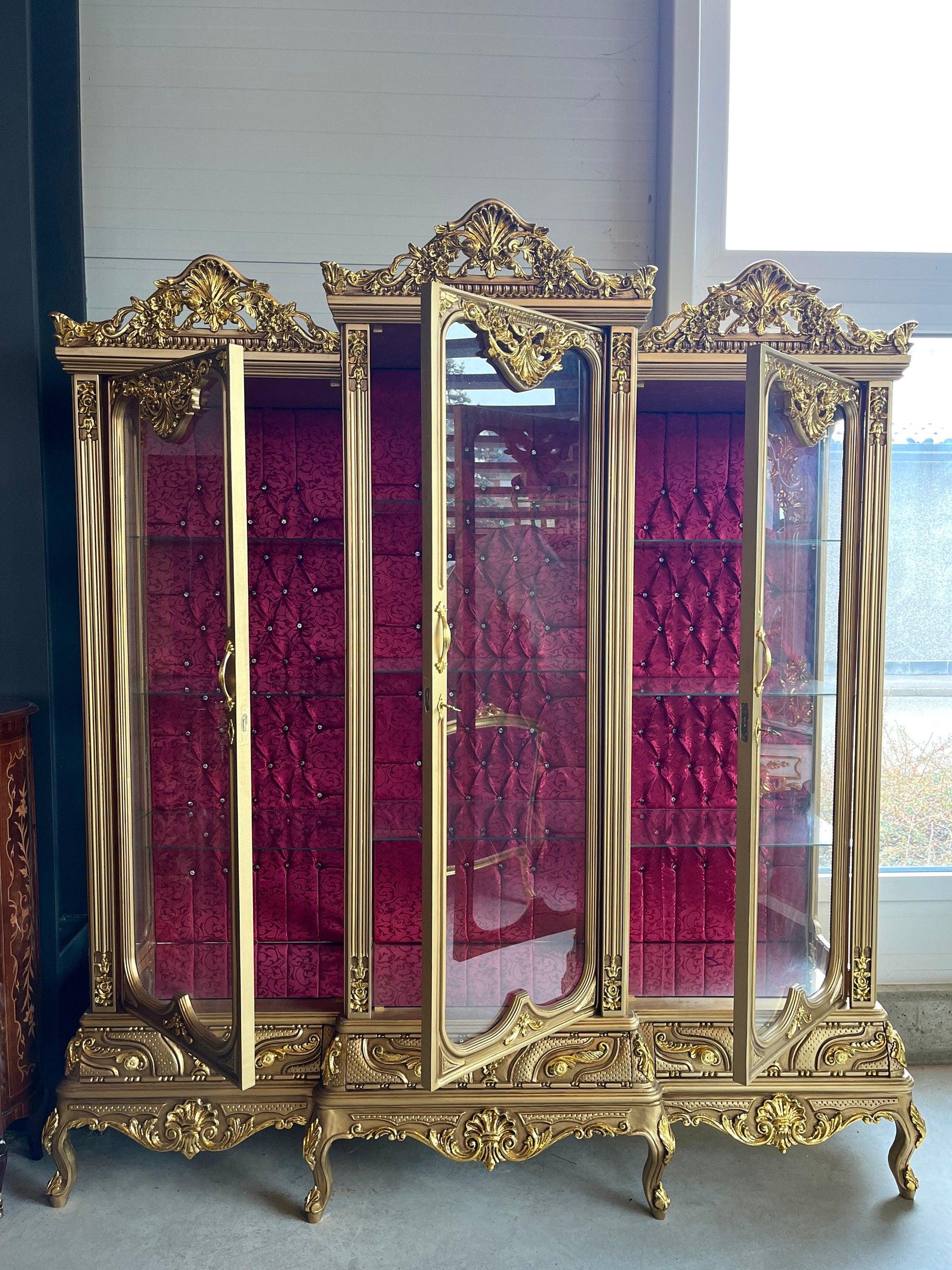 Huge Display Cabinet Deluxe Baroque Style Glass Cabinet Royal Antique Style Reproduction Showcase in Gold Finish for Home Decor-LIMITED ITEM