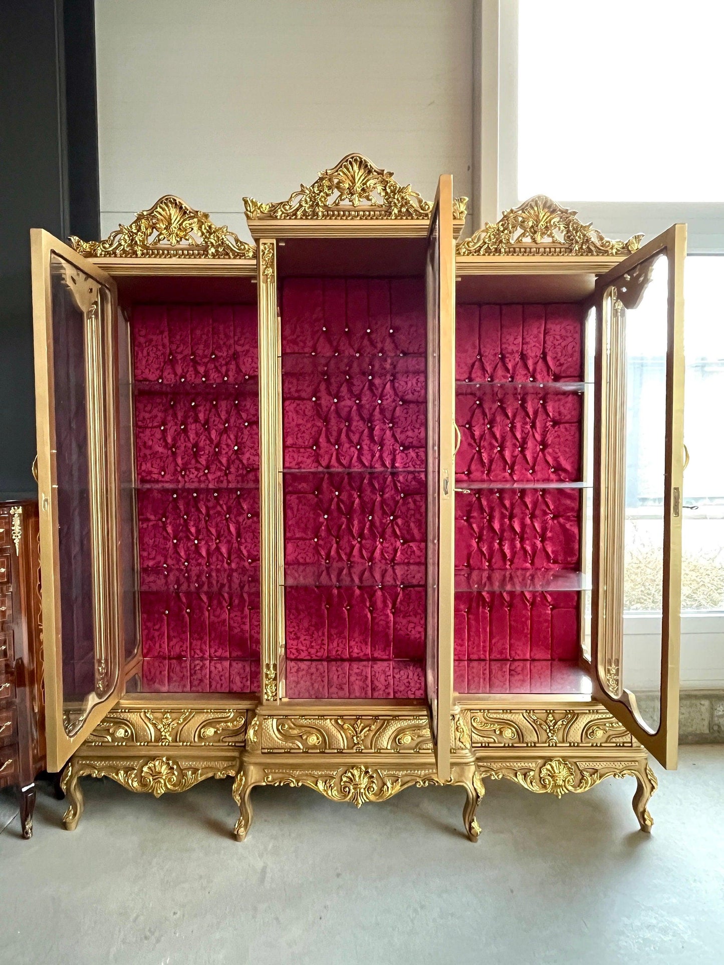 Huge Display Cabinet Deluxe Baroque Style Glass Cabinet Royal Antique Style Reproduction Showcase in Gold Finish for Home Decor-LIMITED ITEM