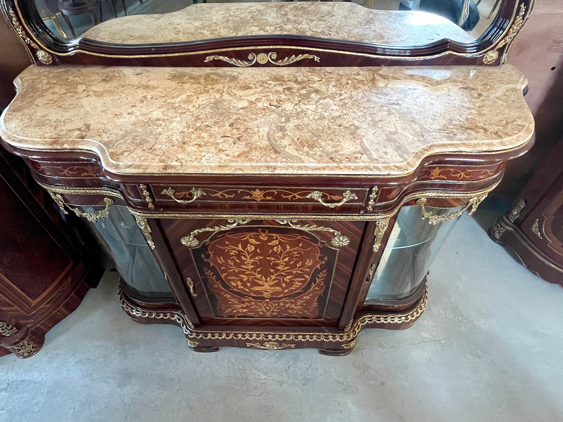 Mirror Glass Cabinet Wall Console in Nostalgic Antique Style with Marble Slab at Top Retro Baroque Style Wall Cabinet with Mirror