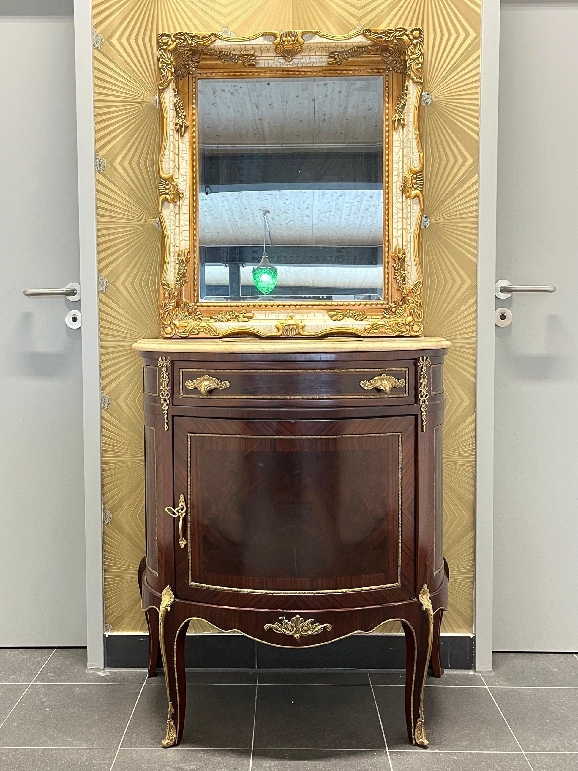 Washbasin Cabinet with Mirror Set French Baroque Style Marble Top Washbasin Cabinet Retro Home Decor in Brown