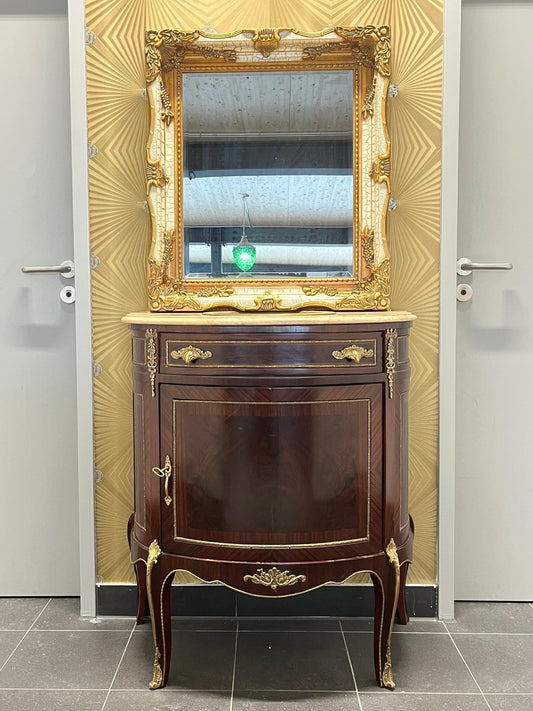 Washbasin Cabinet with Mirror Set French Baroque Style Marble Top Washbasin Cabinet Retro Home Decor in Brown