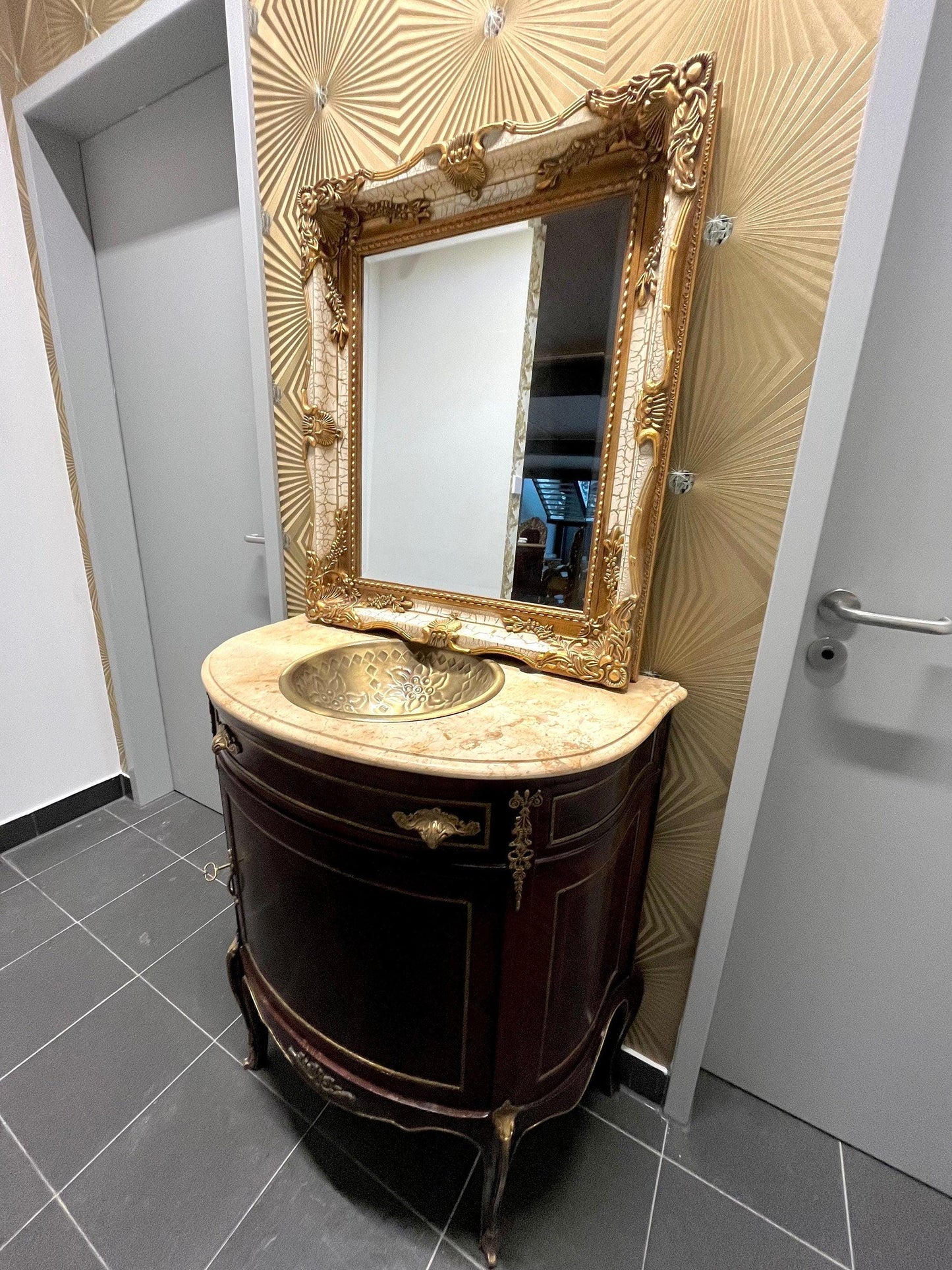 Washbasin Cabinet with Mirror Set French Baroque Style Marble Top Washbasin Cabinet Retro Home Decor in Brown