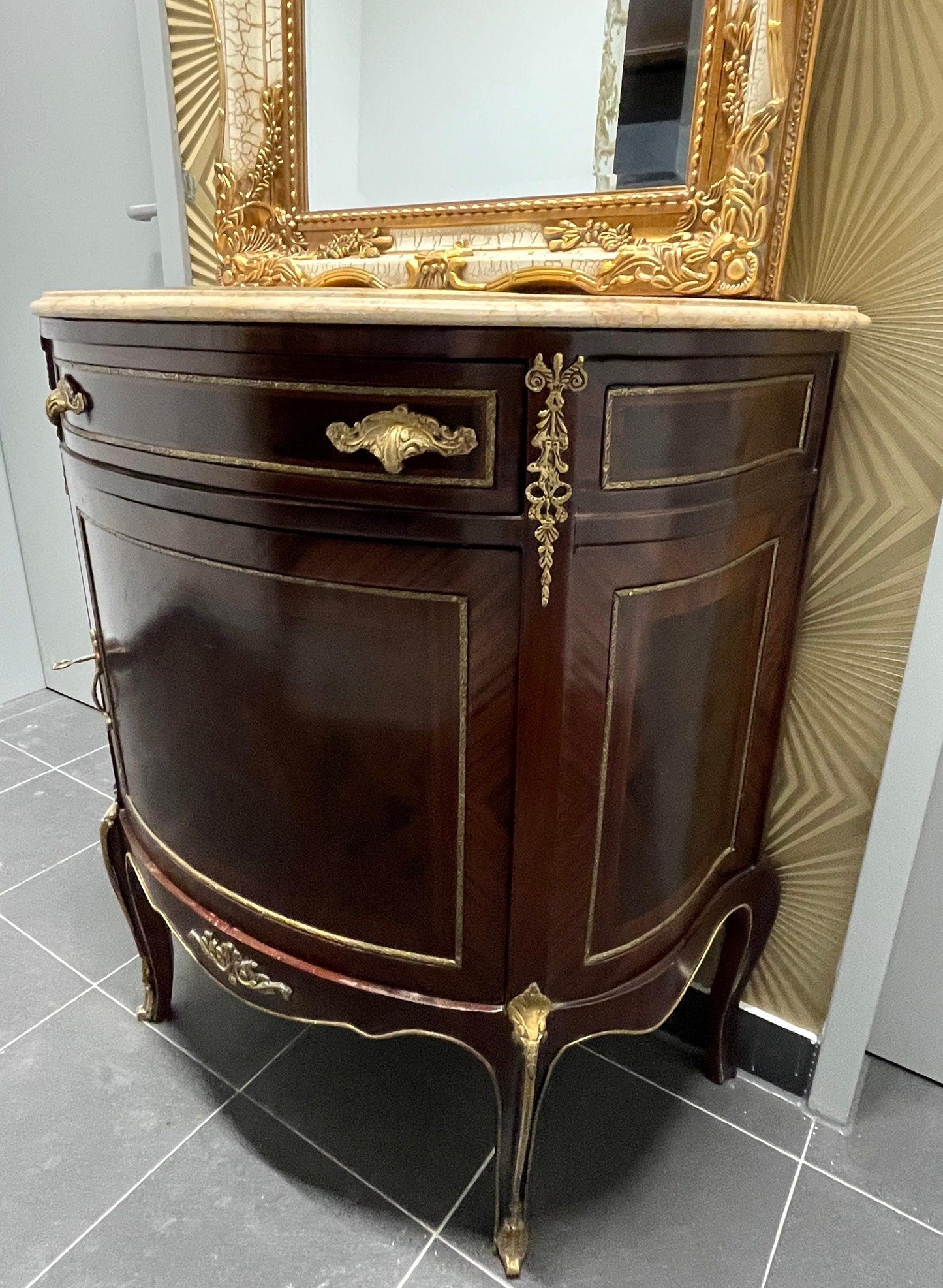 Washbasin Cabinet with Mirror Set French Baroque Style Marble Top Washbasin Cabinet Retro Home Decor in Brown