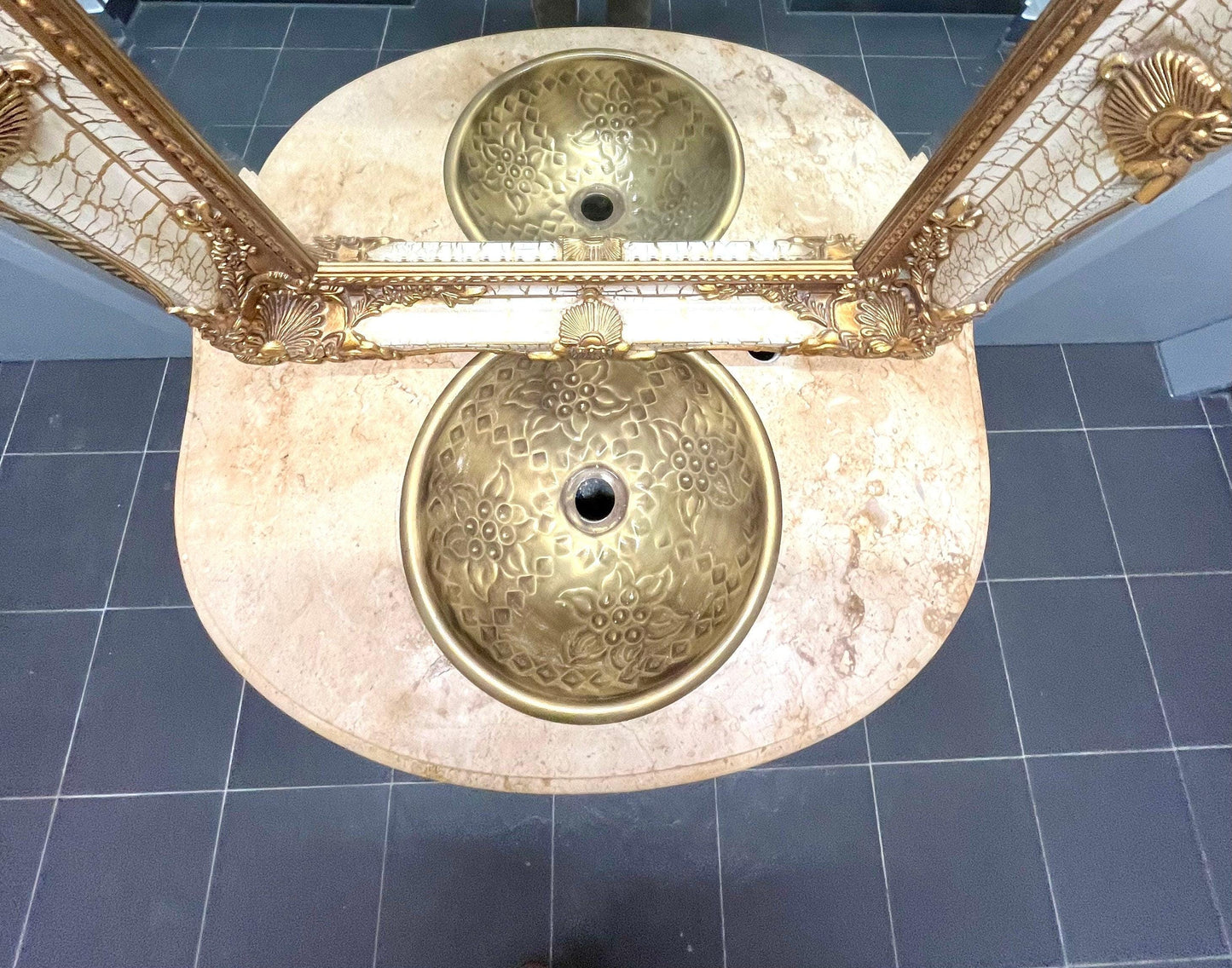 Washbasin Cabinet with Mirror Set French Baroque Style Marble Top Washbasin Cabinet Retro Home Decor in Brown