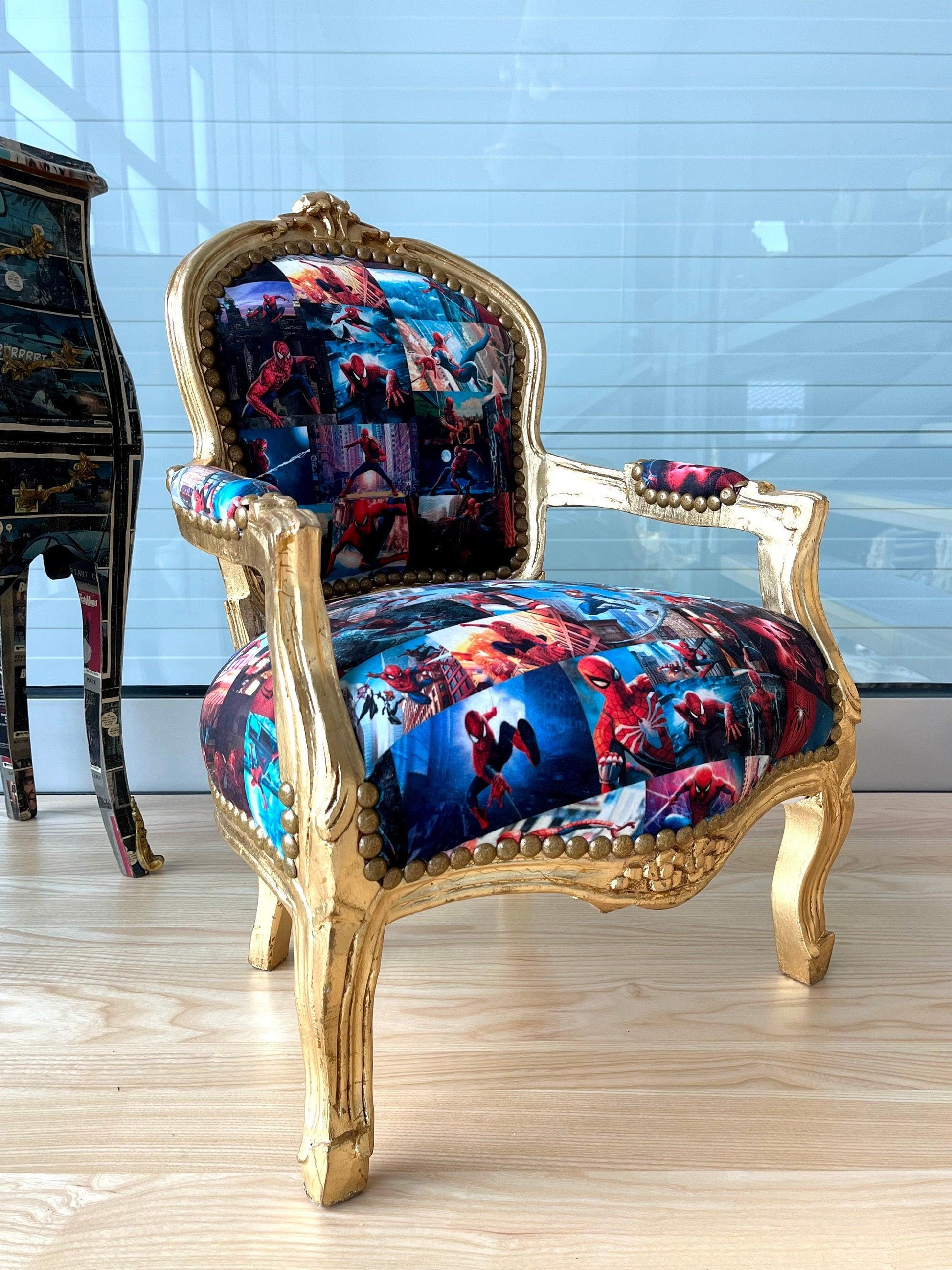 Cute Kid’s Chair French Louis Baroque Style Batman Spider Man Cartoon Prints Kids Armchair in Gold or Silver Finish