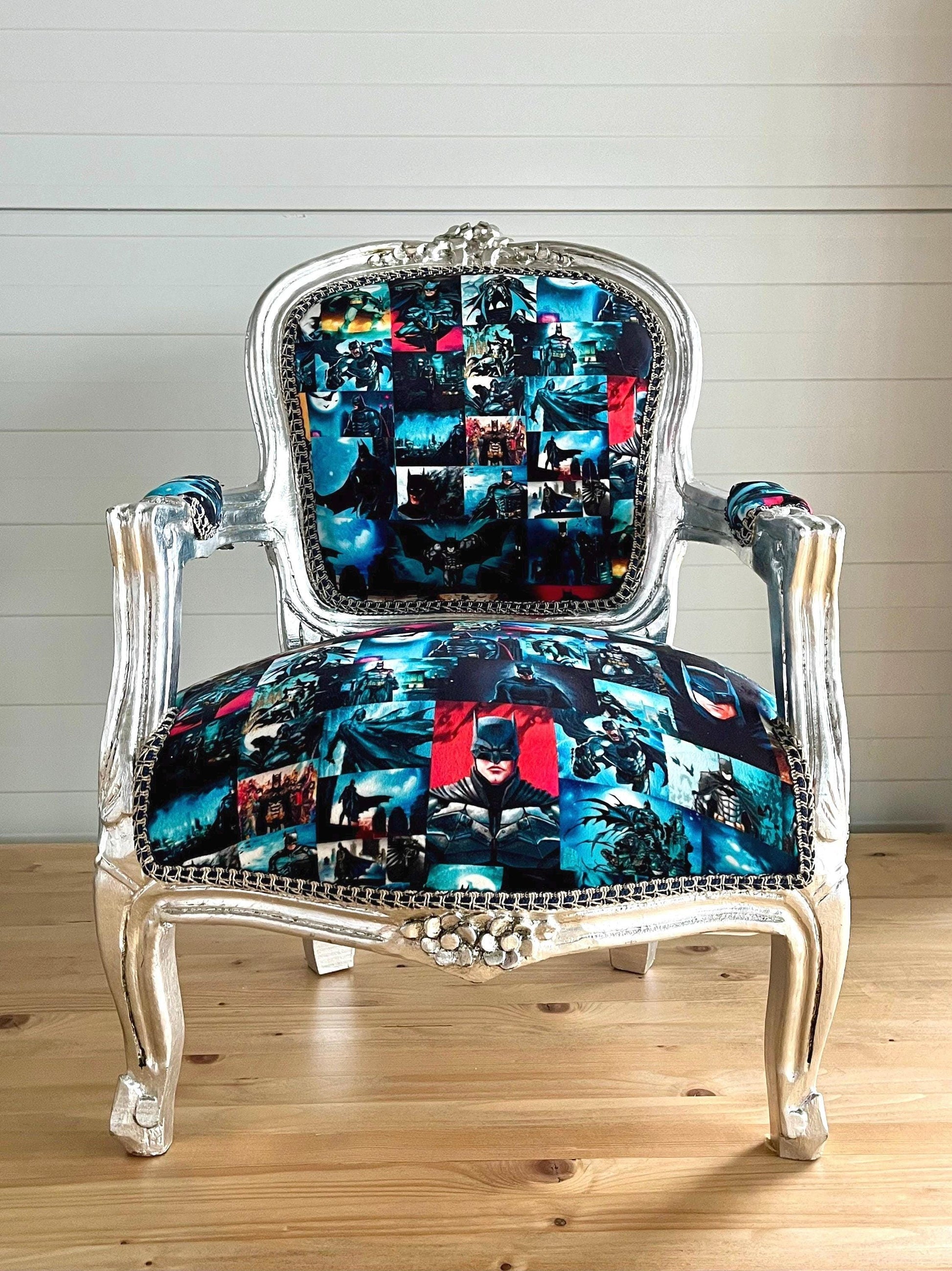Cute Kid’s Chair French Louis Baroque Style Batman Spider Man Cartoon Prints Kids Armchair in Gold or Silver Finish