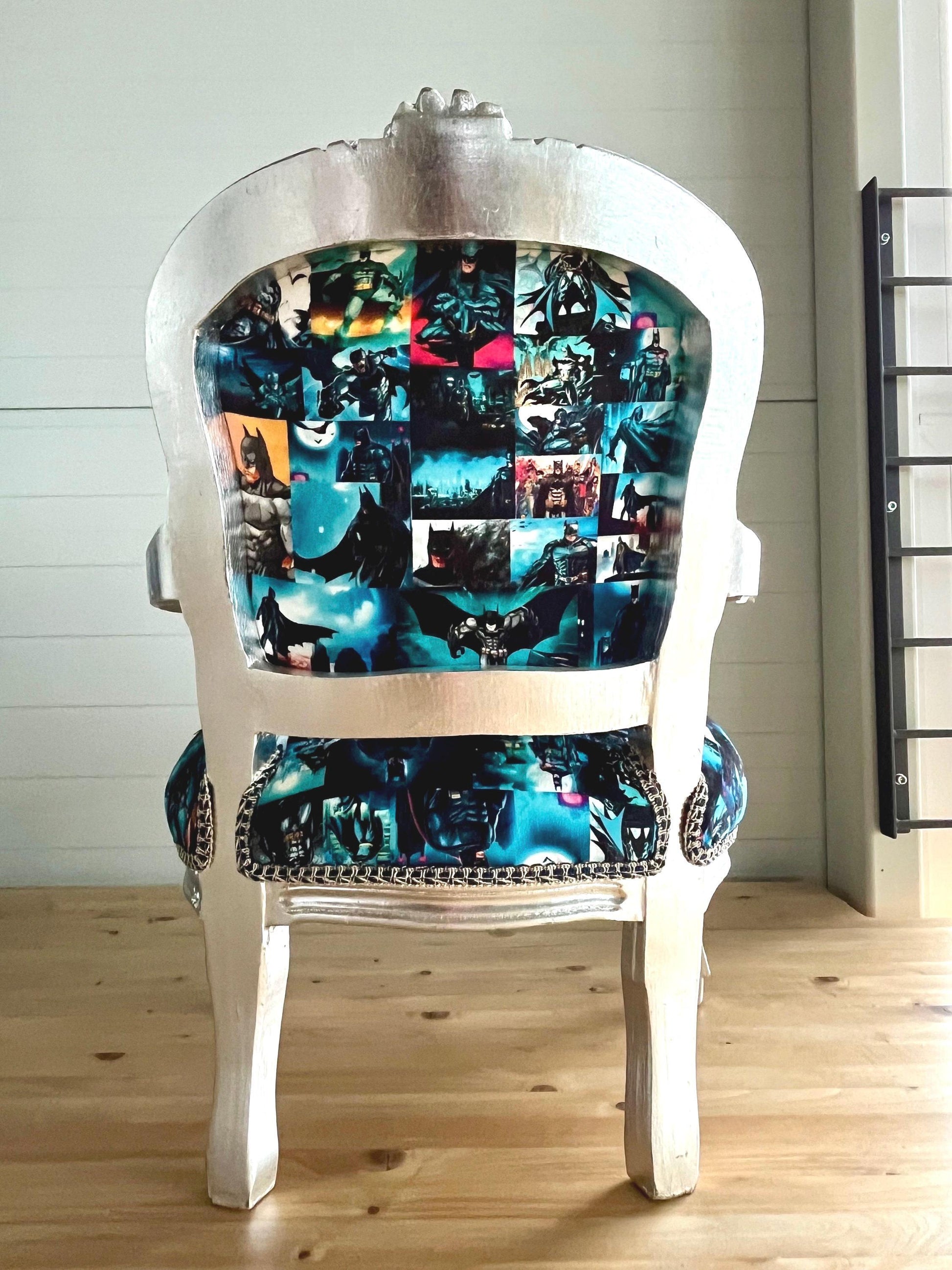 Cute Kid’s Chair French Louis Baroque Style Batman Spider Man Cartoon Prints Kids Armchair in Gold or Silver Finish