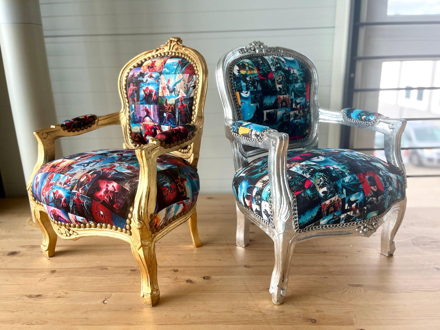 Cute Kid’s Chair French Louis Baroque Style Batman Spider Man Cartoon Prints Kids Armchair in Gold or Silver Finish
