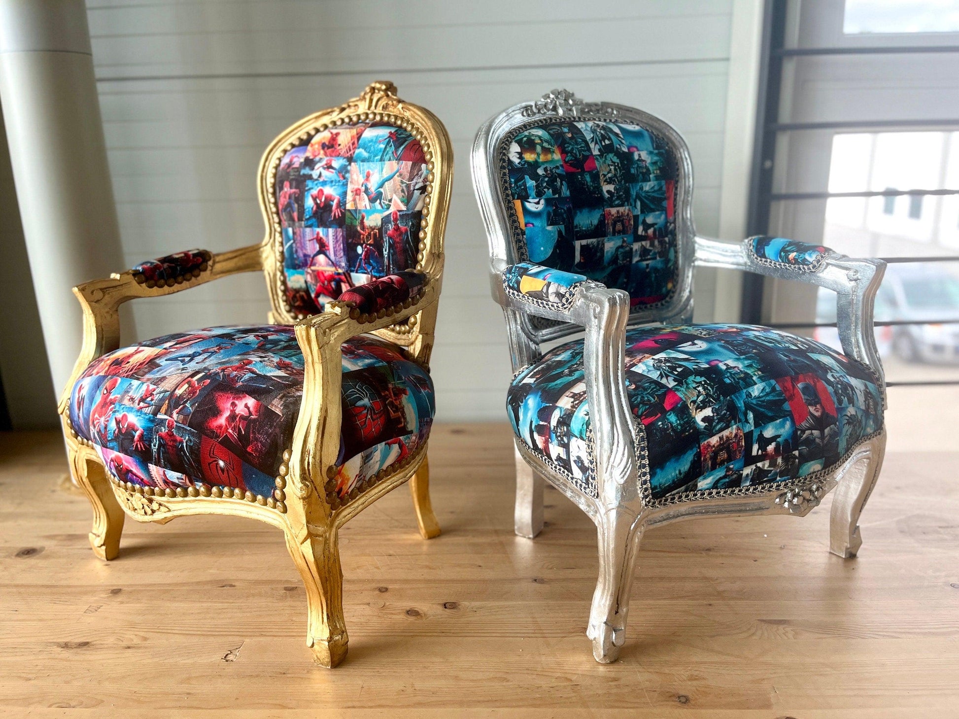 Cute Kid’s Chair French Louis Baroque Style Batman Spider Man Cartoon Prints Kids Armchair in Gold or Silver Finish
