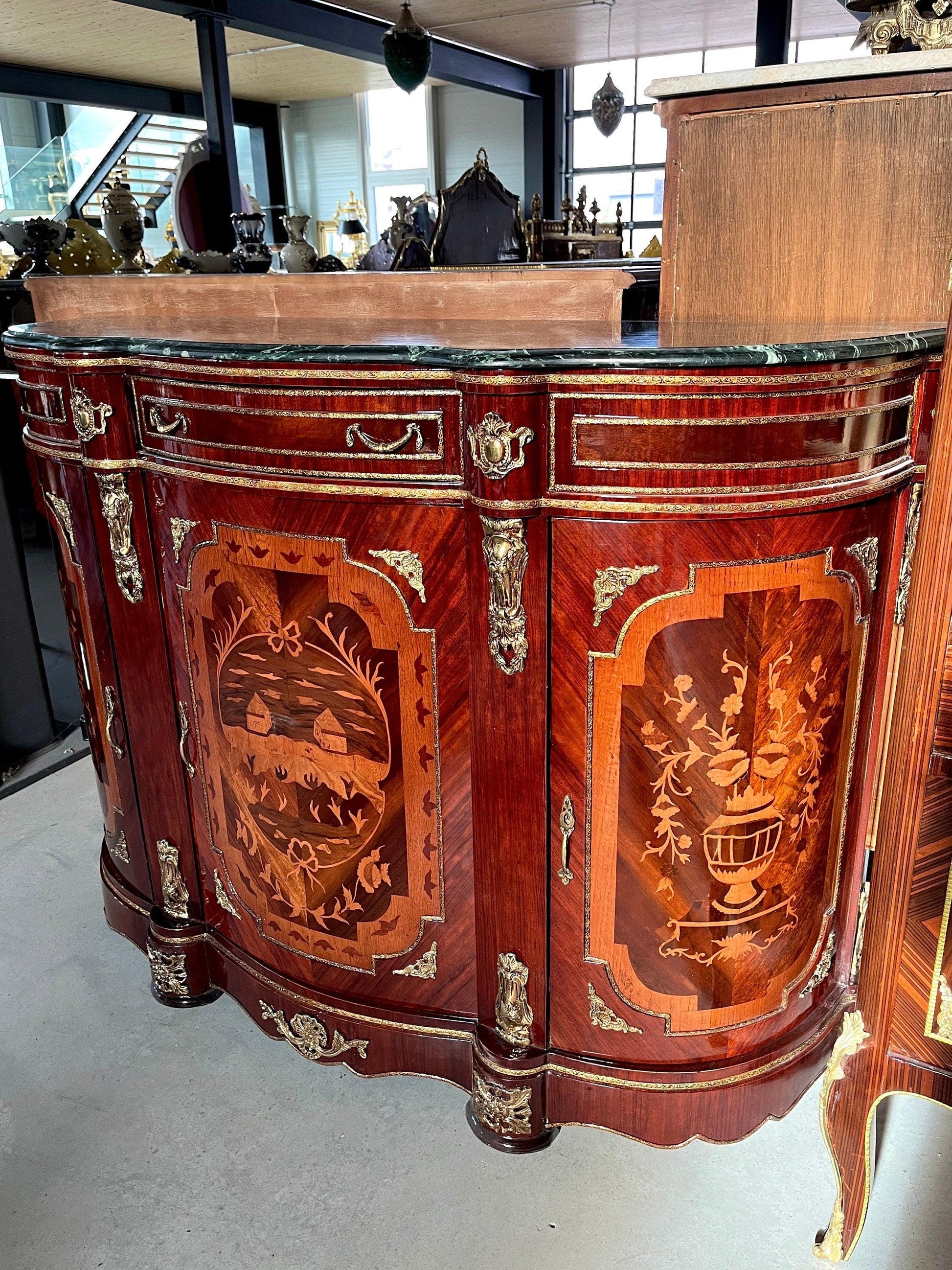Wooden Cabinet Nostalgic Antique Style with Marble Slab Top Retro Baroque Style Cabinet for Home Decor or Commercial Decoration