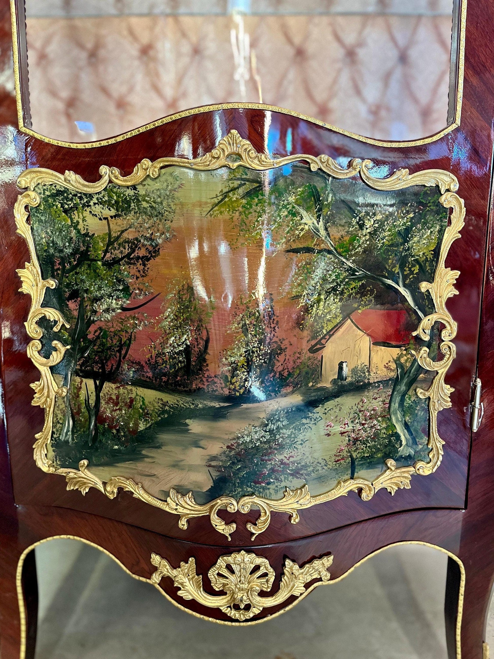Vitrine Retro Baroque Style Display Cabinet Antique Style Showcase in Handpainted Oil Painting at Front for Home Decor- LIMITED EDITION