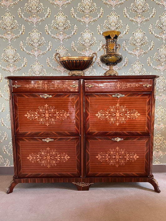 Shoe Cabinet Retro Baroque Antique Style Wooden Brown Cabinet Stored Up to 24 Pairs for Home Decoration